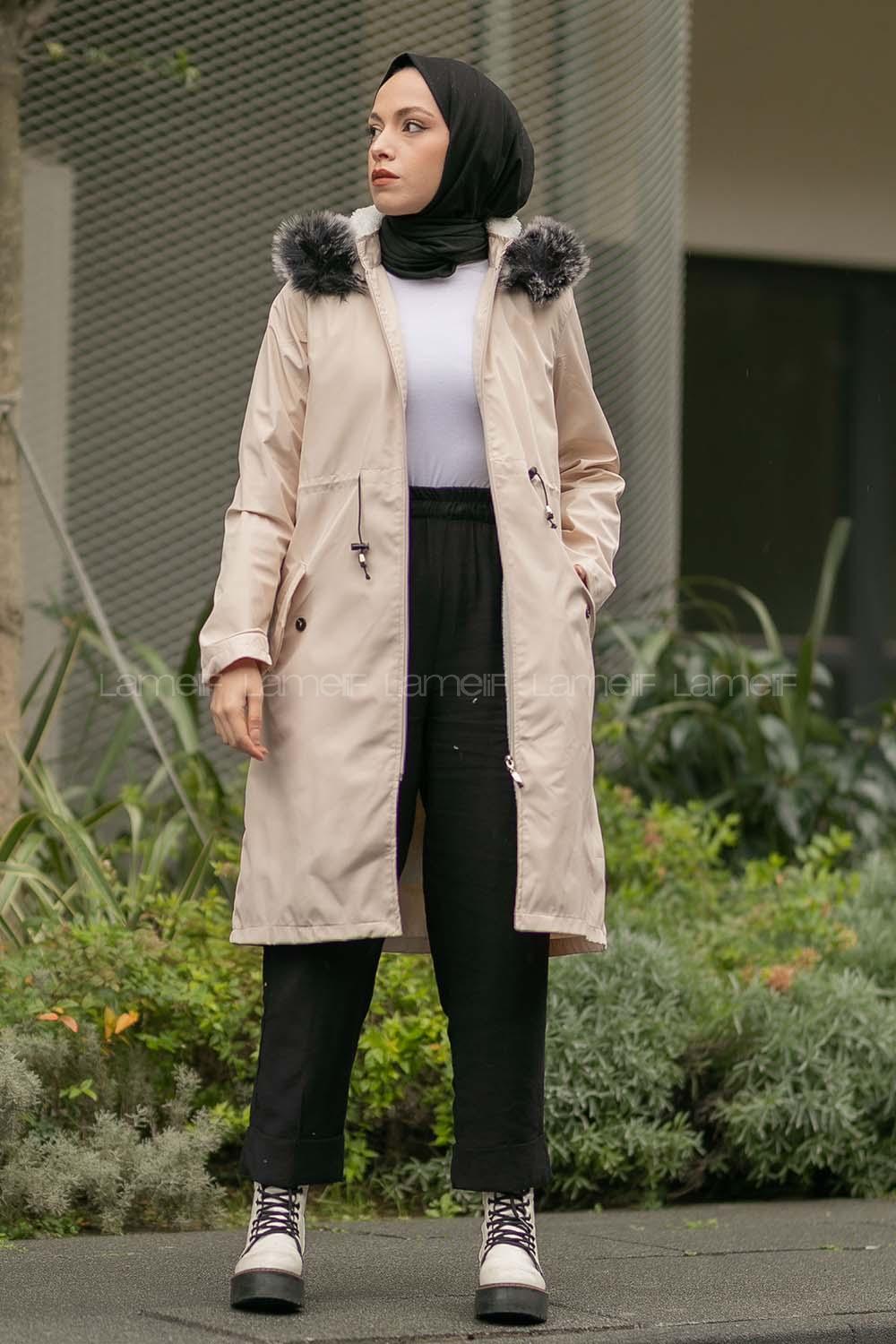 Modalamelif Kapşonlu Yaka Kürk Detaylı Mont Ekru