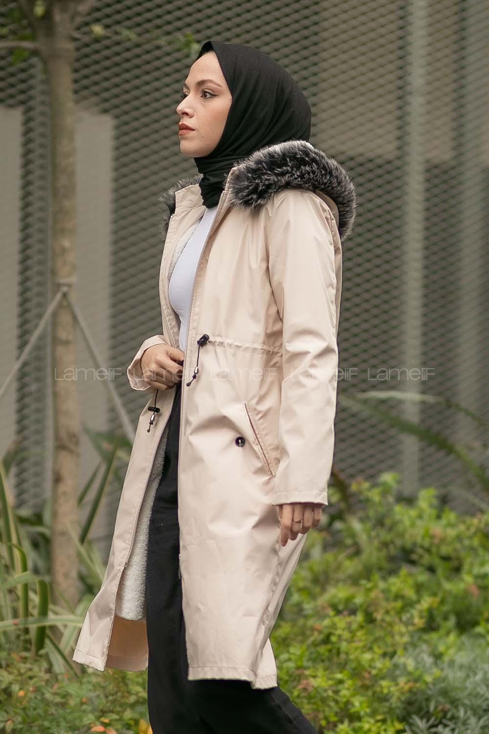 Modalamelif Kapşonlu Yaka Kürk Detaylı Mont Ekru