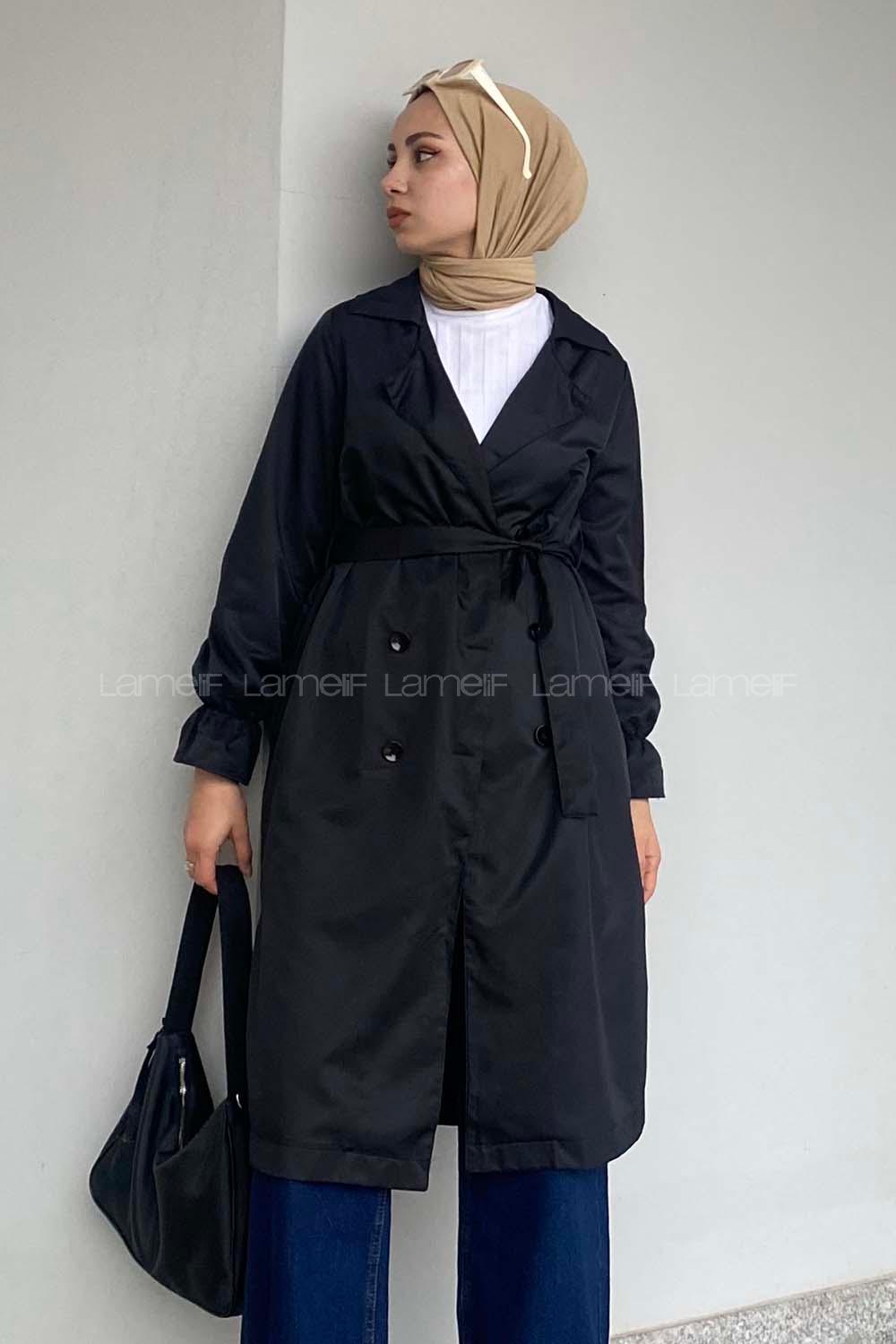 Modalamelif Beli Kuşak Bağlamalı Düğme Detaylı Trenç Siyah