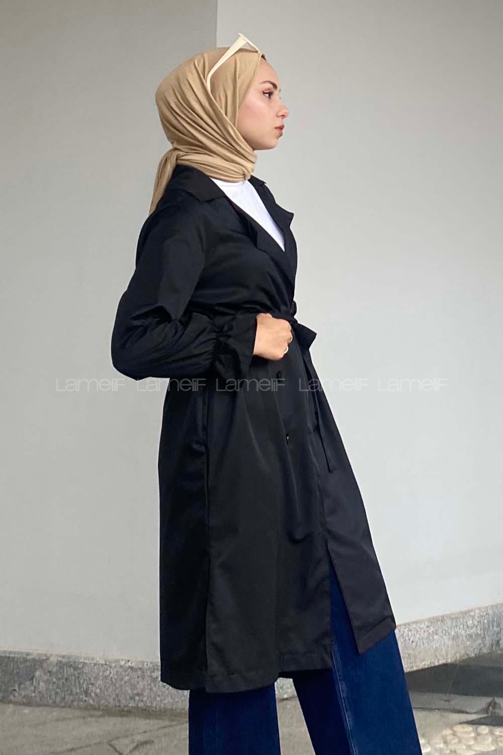 Modalamelif Beli Kuşak Bağlamalı Düğme Detaylı Trenç Siyah