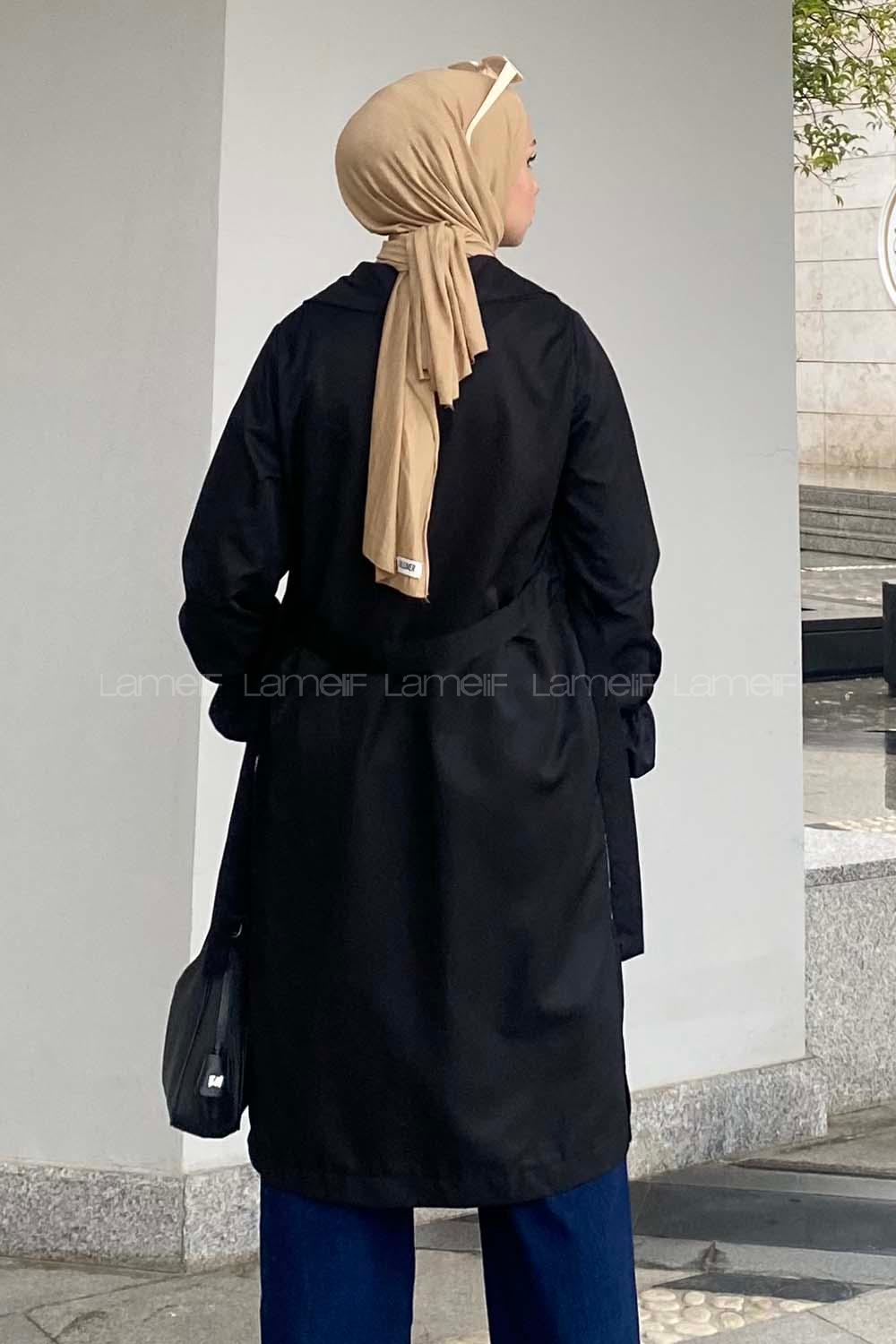 Modalamelif Beli Kuşak Bağlamalı Düğme Detaylı Trenç Siyah