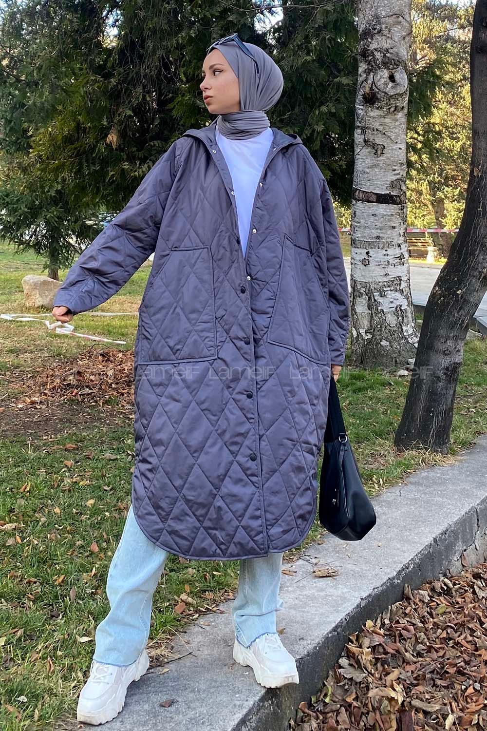 Modalamelif Kapitone Desenli Kapüşonlu Çift Cepli Mont Füme