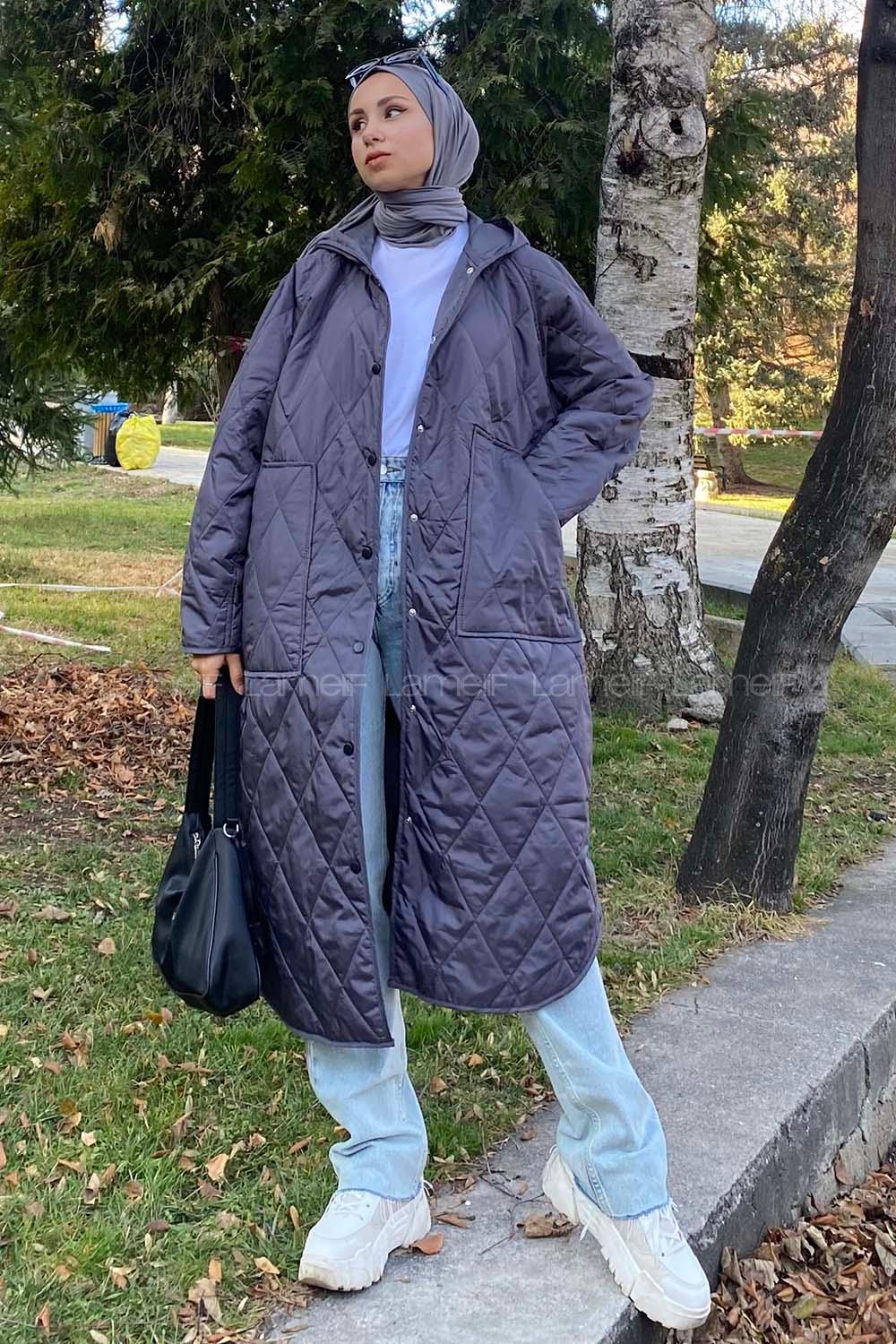 Modalamelif Kapitone Desenli Kapüşonlu Çift Cepli Mont Füme