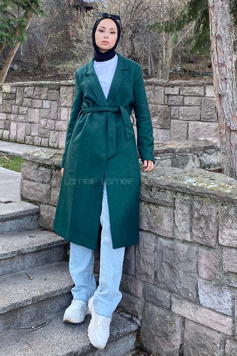 Modalamelif Kuşak Bağlamalı Fleto Cepli Kaban Zümrüt