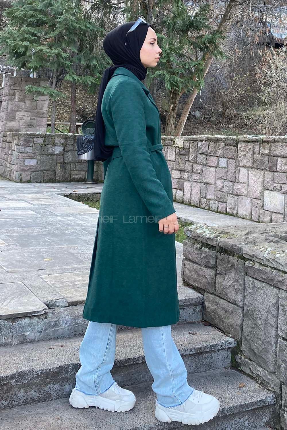 Modalamelif Kuşak Bağlamalı Fleto Cepli Kaban Zümrüt