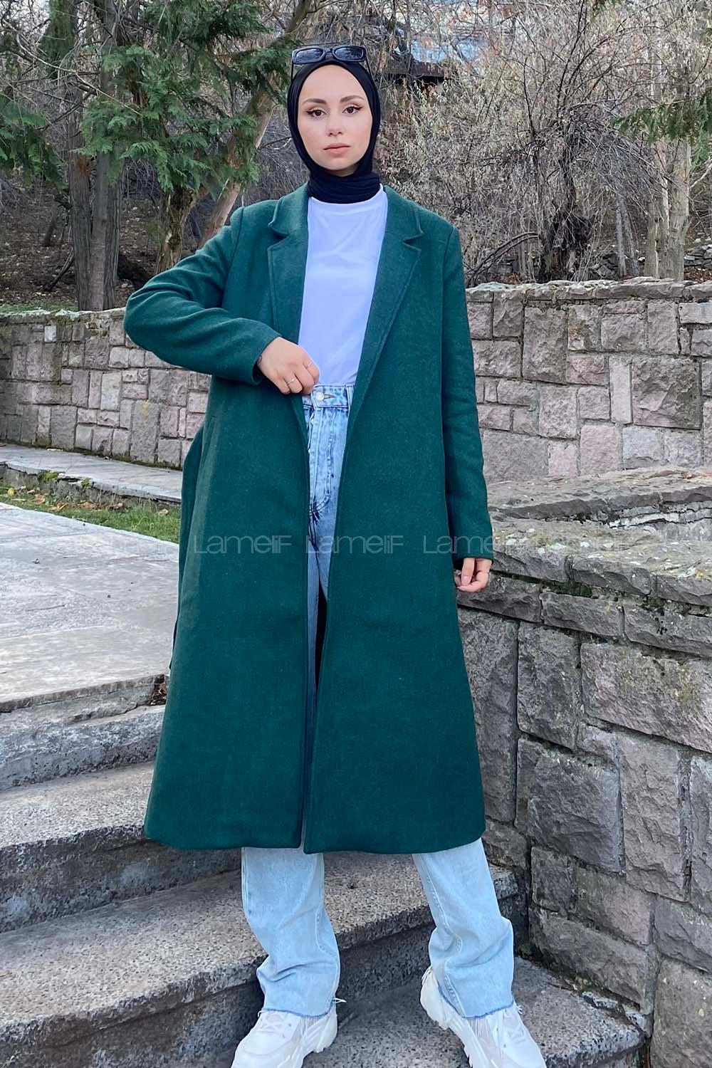 Modalamelif Kuşak Bağlamalı Fleto Cepli Kaban Zümrüt