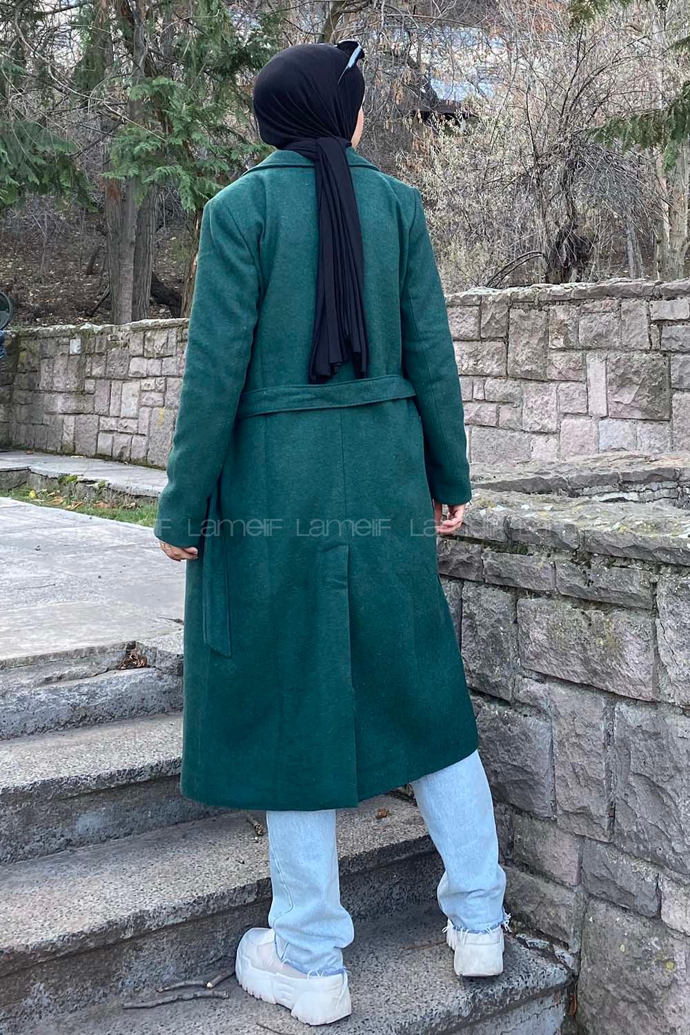 Modalamelif Kuşak Bağlamalı Fleto Cepli Kaban Zümrüt