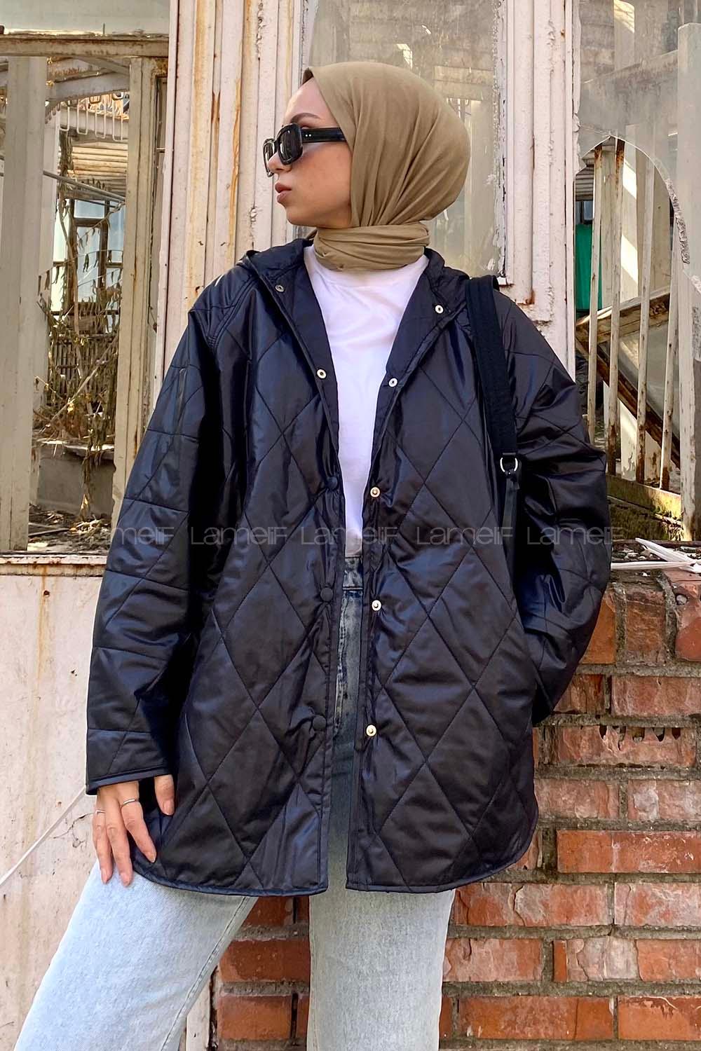 Modalamelif Önü Çıtçıt Düğmeli Kapüşon Detaylı Çift Cepli Salaş Mont Siyah