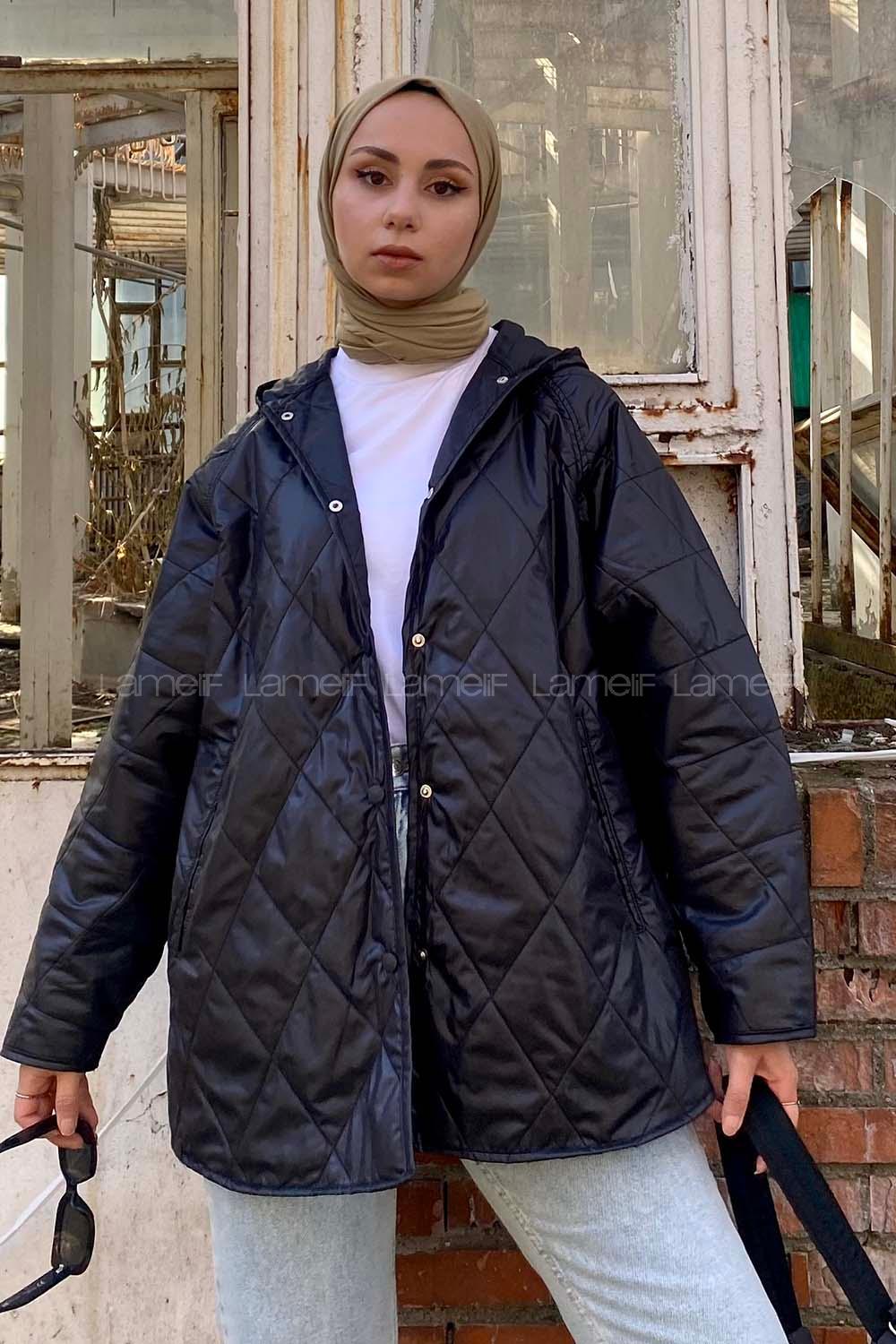 Modalamelif Önü Çıtçıt Düğmeli Kapüşon Detaylı Çift Cepli Salaş Mont Siyah