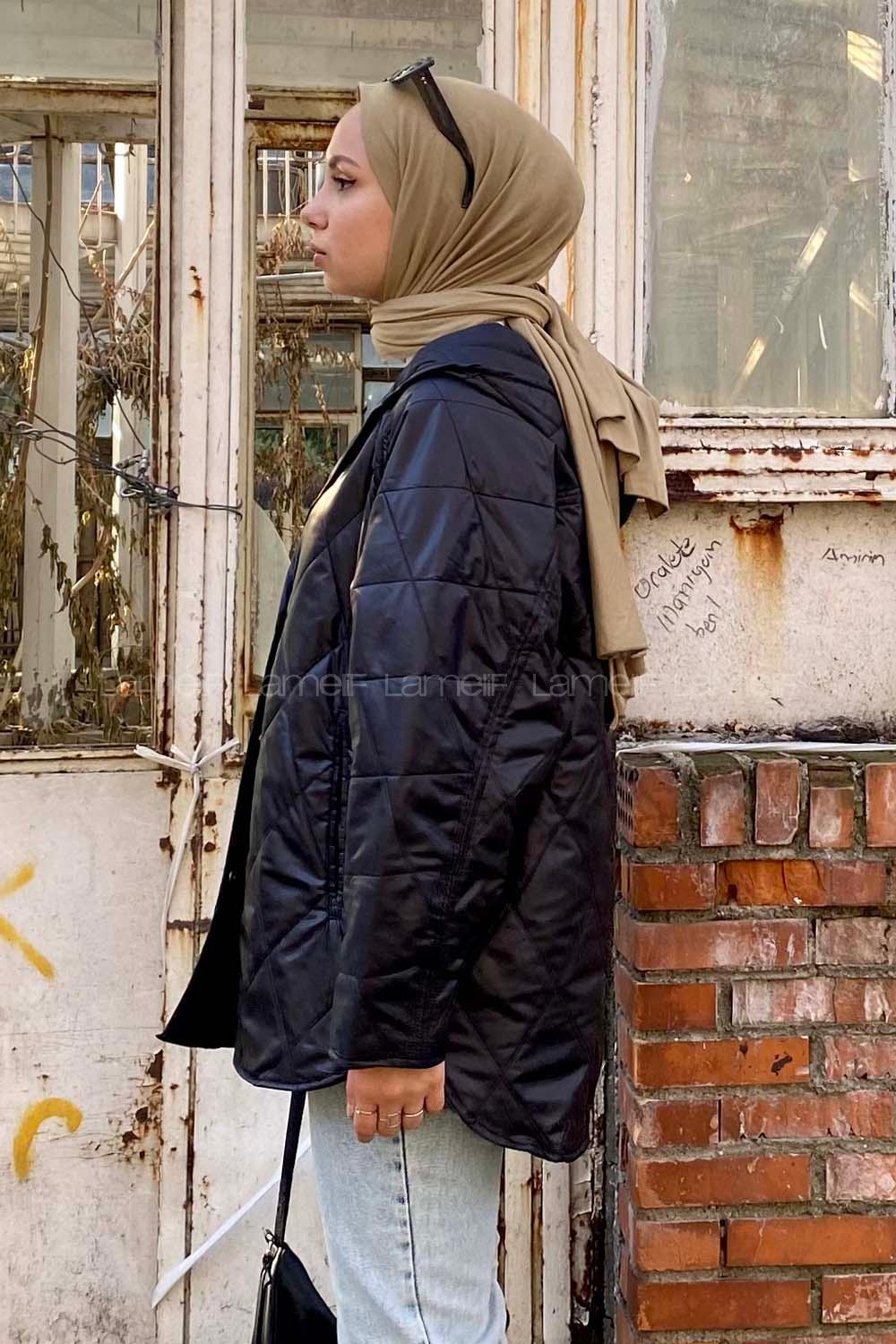 Modalamelif Önü Çıtçıt Düğmeli Kapüşon Detaylı Çift Cepli Salaş Mont Siyah