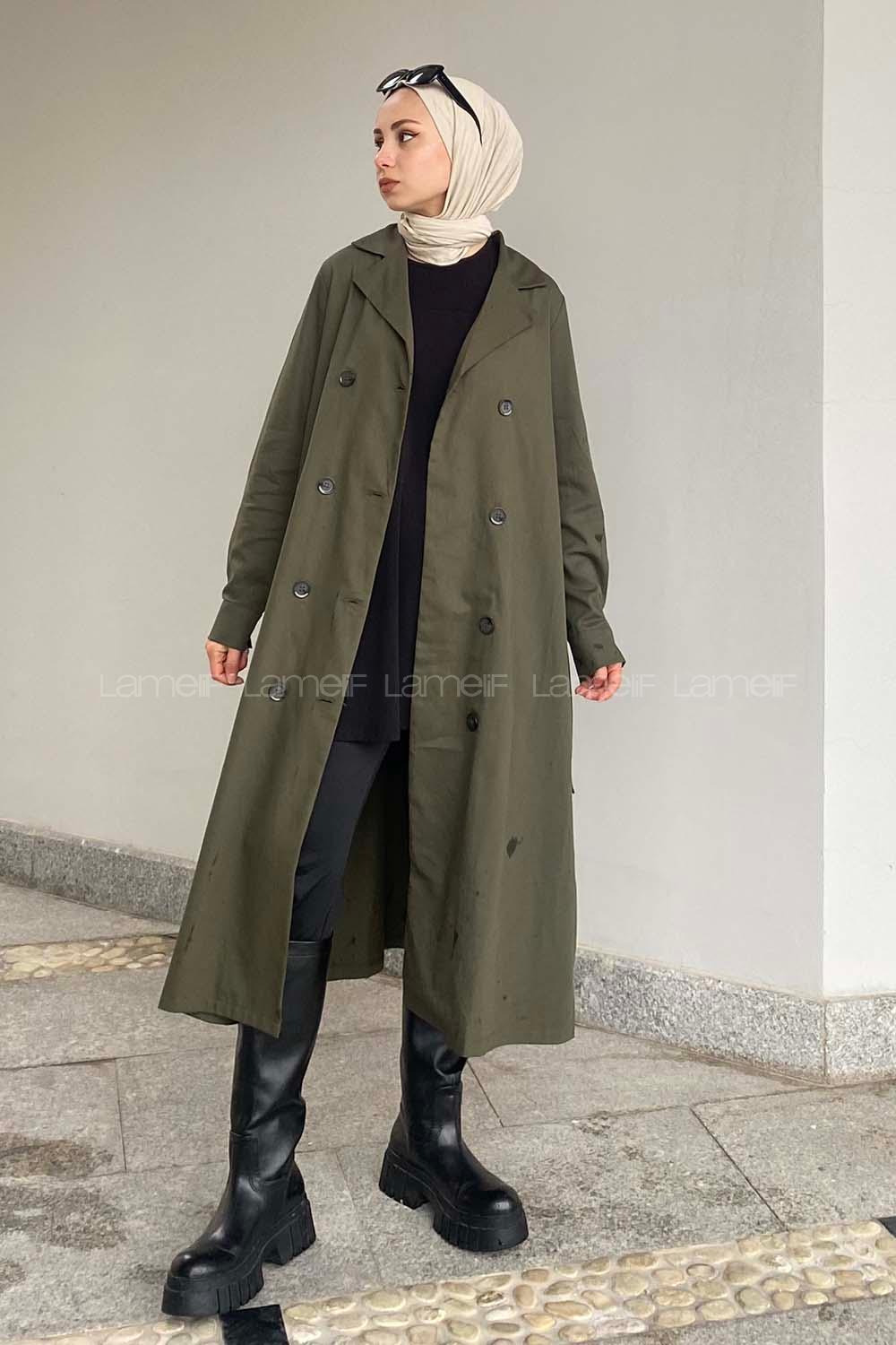 Lamelif Önü Düğmeli Belden Bağlamalı Trenç Haki