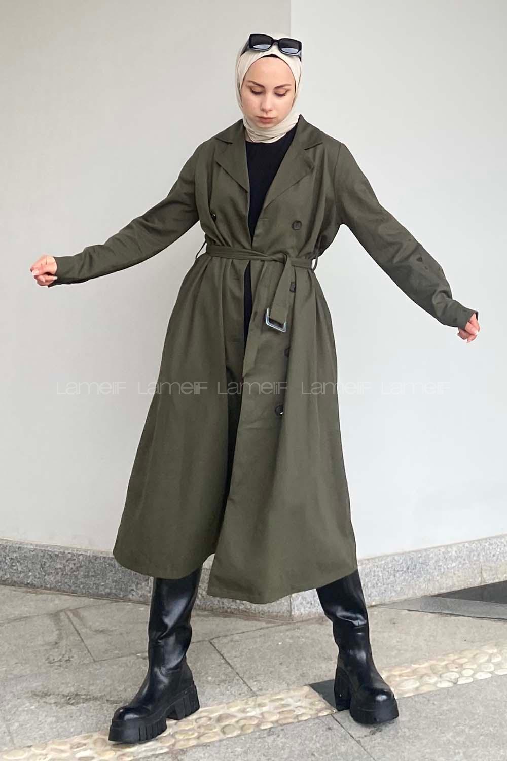 Lamelif Önü Düğmeli Belden Bağlamalı Trenç Haki