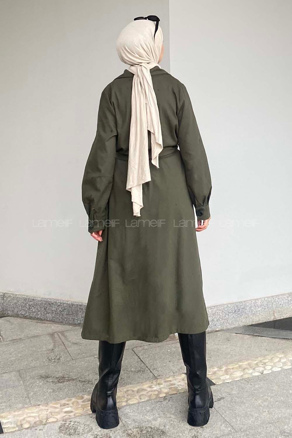 Lamelif Önü Düğmeli Belden Bağlamalı Trenç Haki