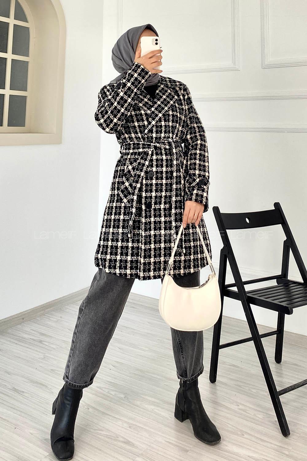 Modalamelif Ön Düğmeli Astarlı Çift Cepli Kuşak Bağlamalı Ekose Kaban Siyah