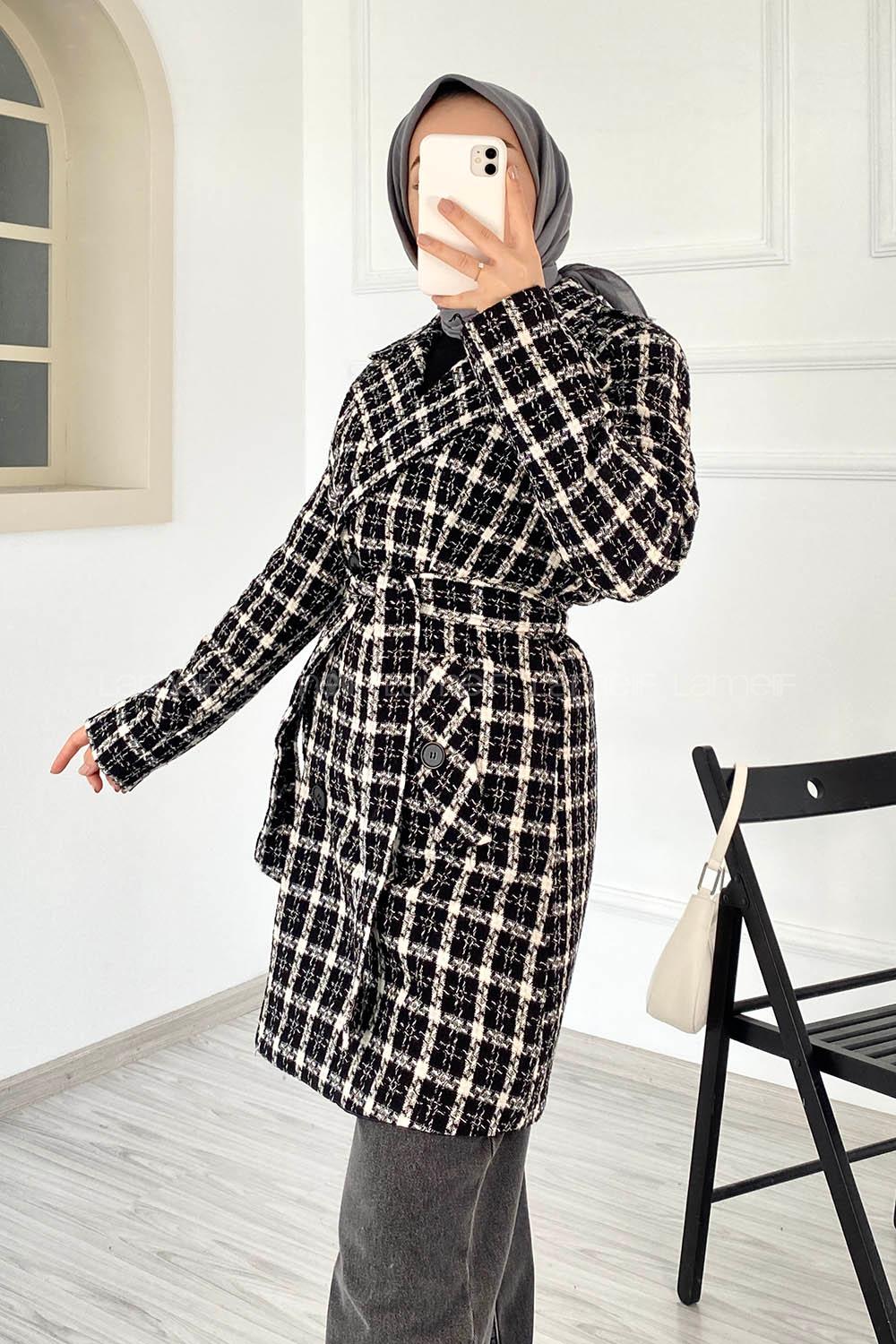 Modalamelif Ön Düğmeli Astarlı Çift Cepli Kuşak Bağlamalı Ekose Kaban Siyah