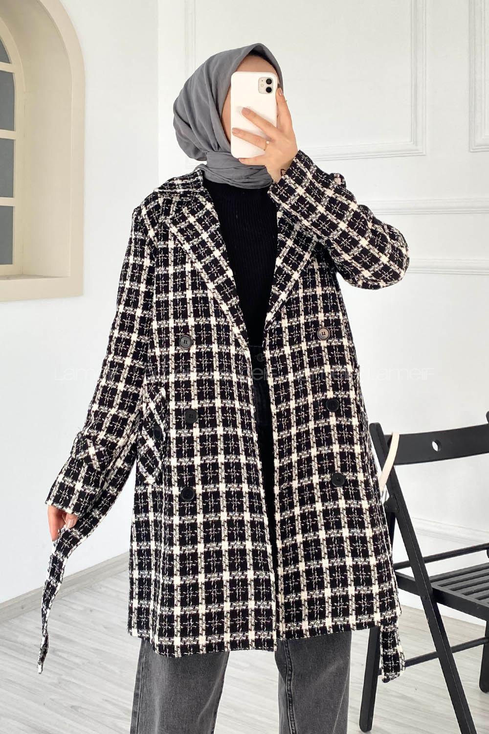 Modalamelif Ön Düğmeli Astarlı Çift Cepli Kuşak Bağlamalı Ekose Kaban Siyah