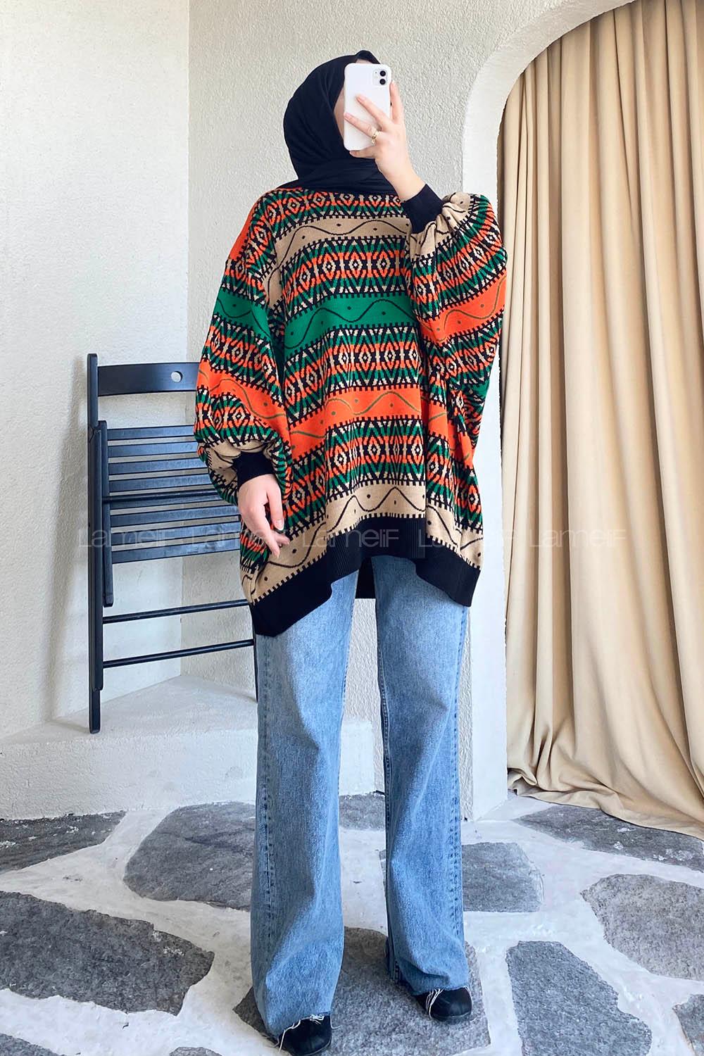 Modalamelif Bisikelt Yaka Salaş Desenli Kazak Oranj-Yeşil