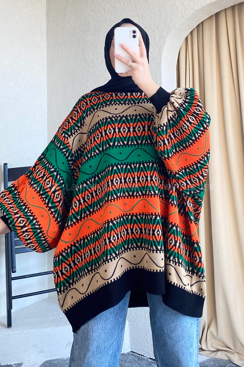 Modalamelif Bisikelt Yaka Salaş Desenli Kazak Oranj-Yeşil