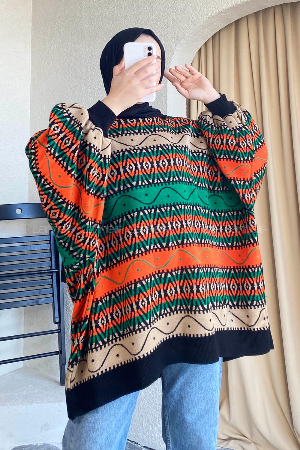 Modalamelif Bisikelt Yaka Salaş Desenli Kazak Oranj-Yeşil