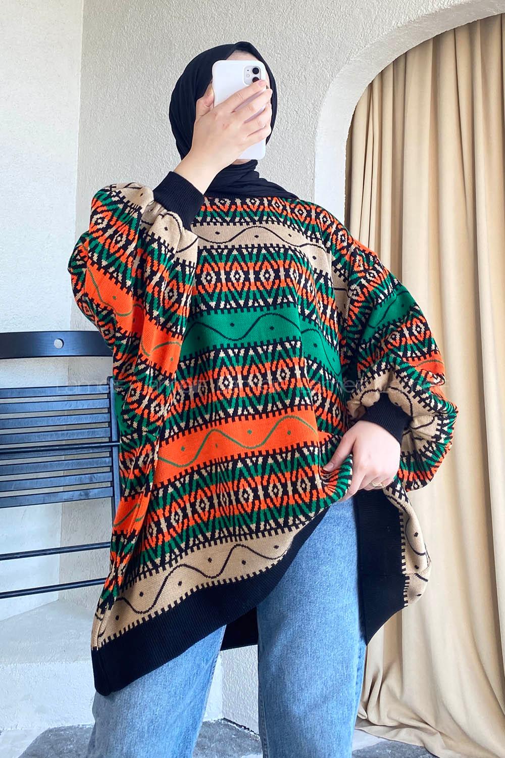 Modalamelif Bisikelt Yaka Salaş Desenli Kazak Oranj-Yeşil