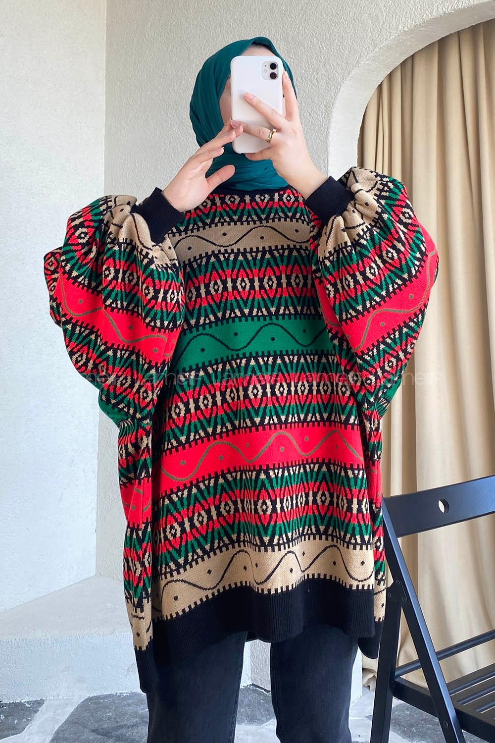 Modalamelif Bisikelt Yaka Salaş Desenli Kazak Yeşil-Kırmızı