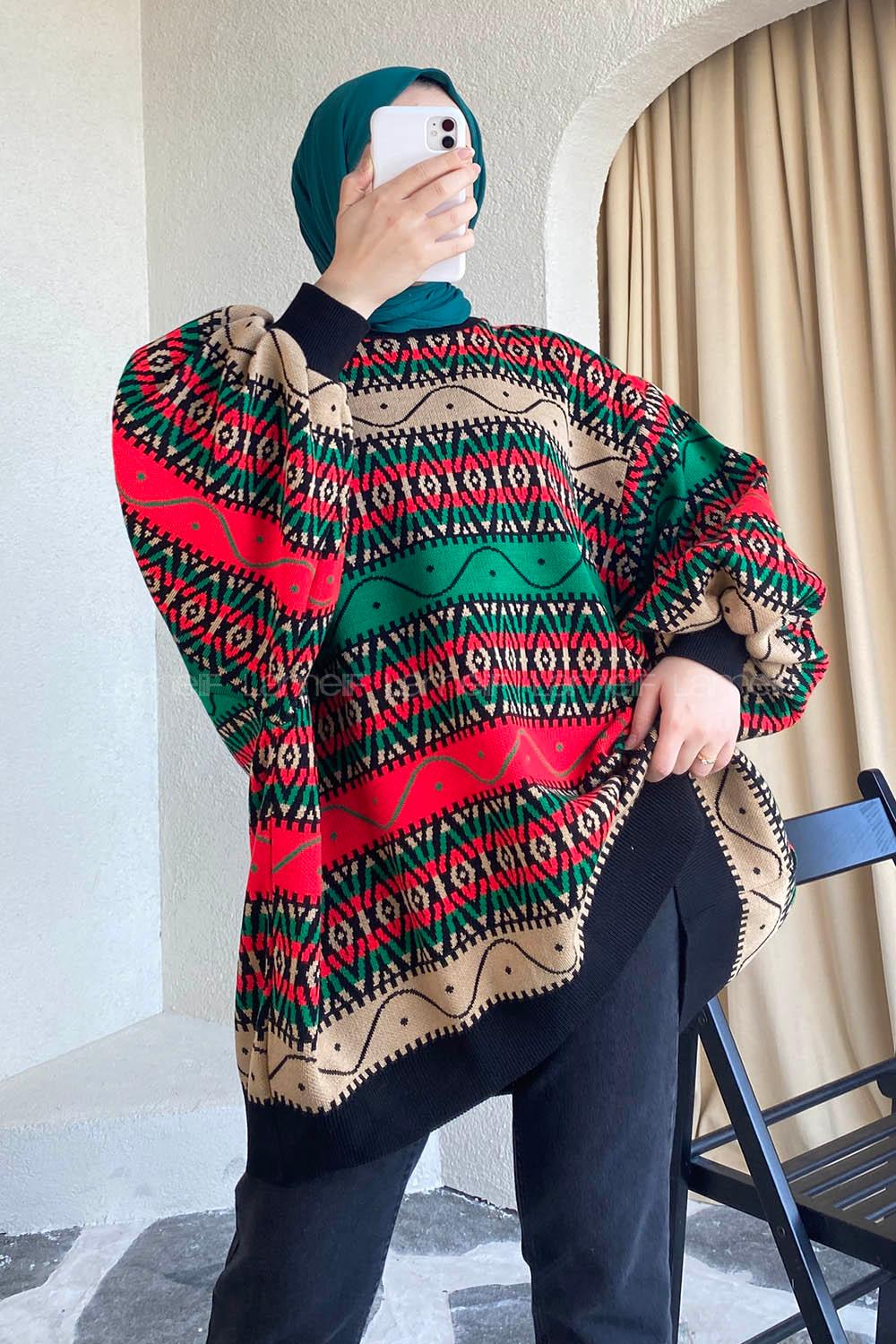 Modalamelif Bisikelt Yaka Salaş Desenli Kazak Yeşil-Kırmızı