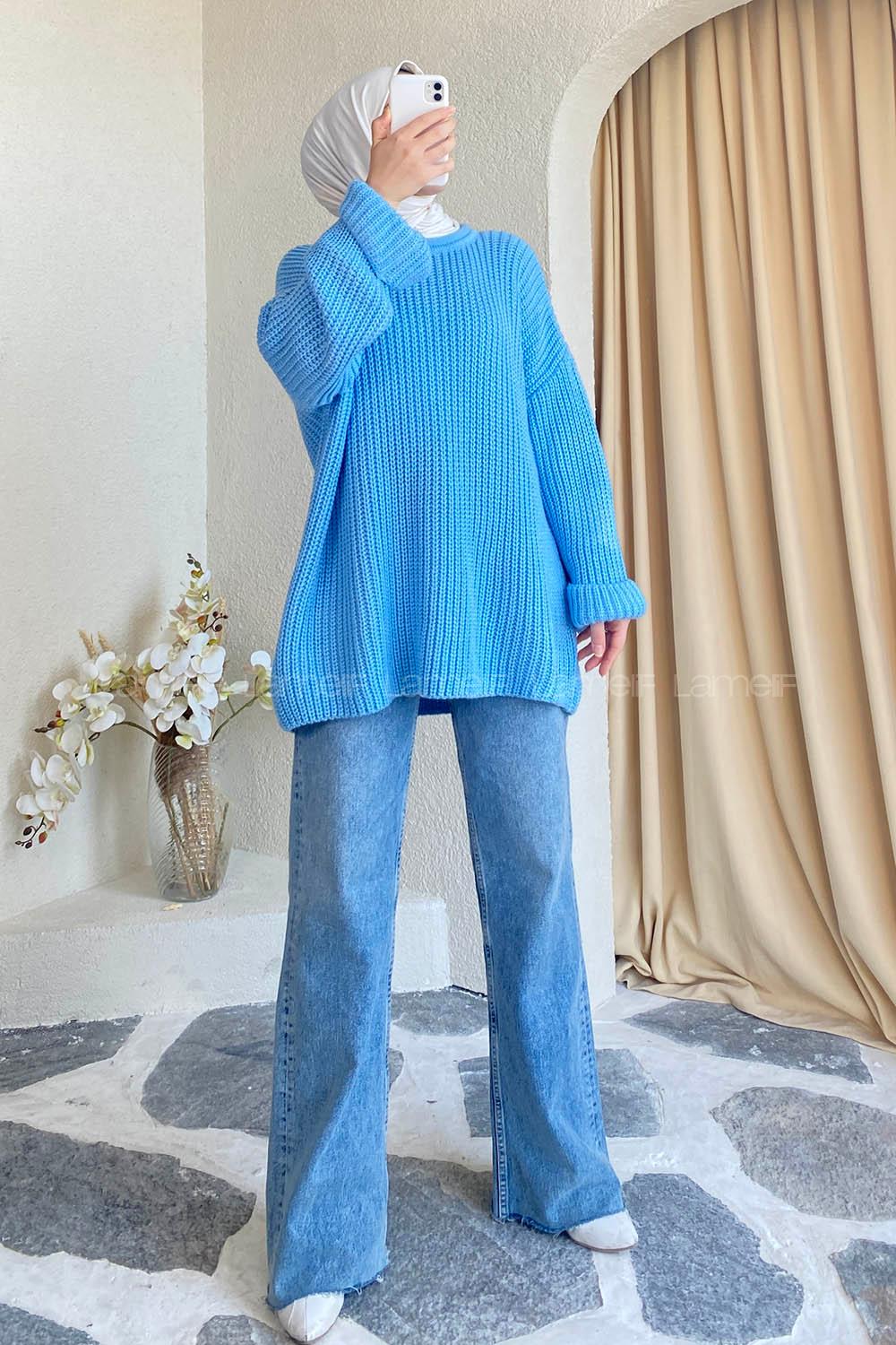 Modalamelif Düz Renk Örgülü Triko Kazak Açık Mavi