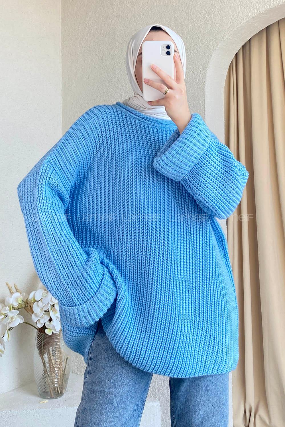 Modalamelif Düz Renk Örgülü Triko Kazak Açık Mavi