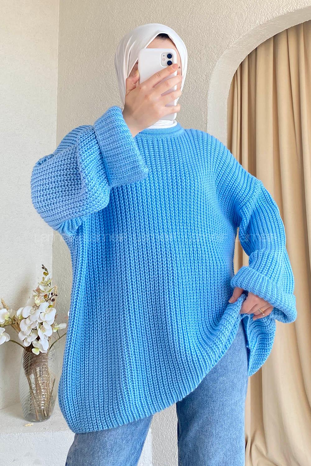 Modalamelif Düz Renk Örgülü Triko Kazak Açık Mavi