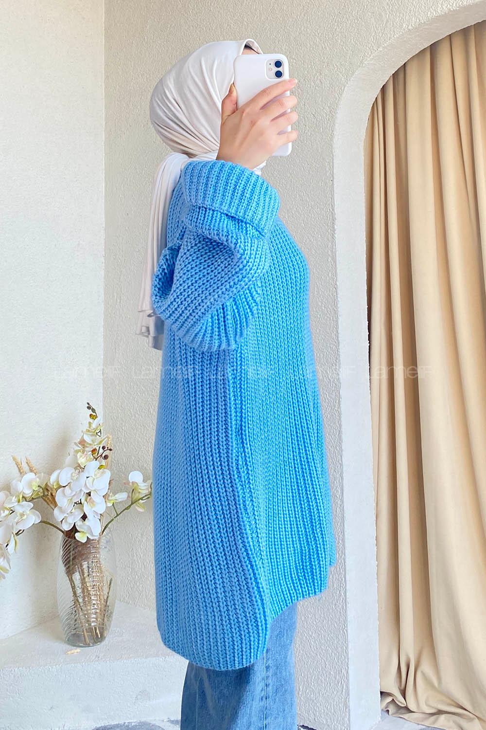 Modalamelif Düz Renk Örgülü Triko Kazak Açık Mavi