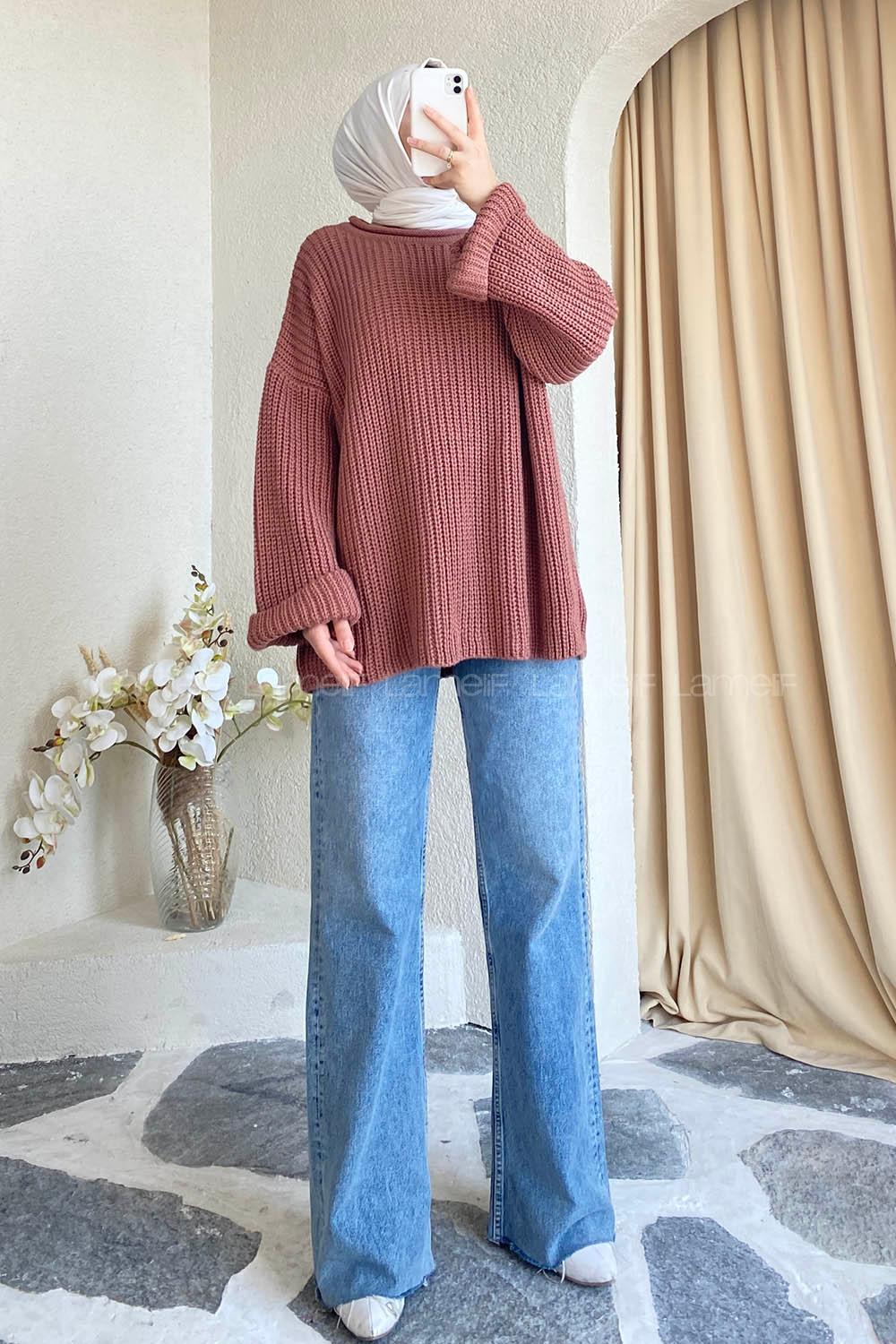 Modalamelif Düz Renk Örgülü Triko Kazak Gül