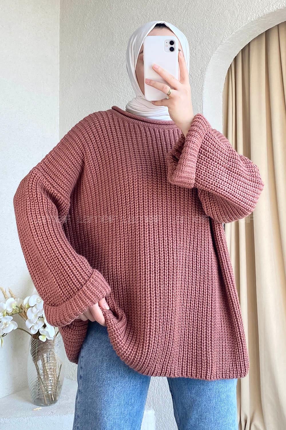 Modalamelif Düz Renk Örgülü Triko Kazak Gül