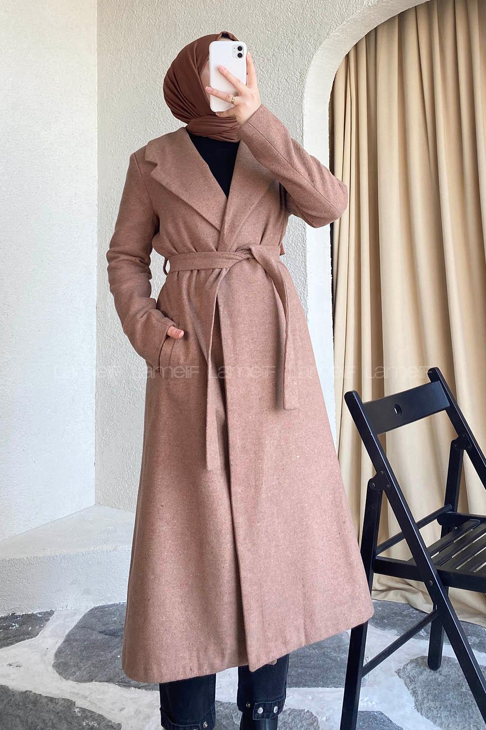 Modalamelif Kuşak Bağlamalı Kaşe Kaban Soft Pudra