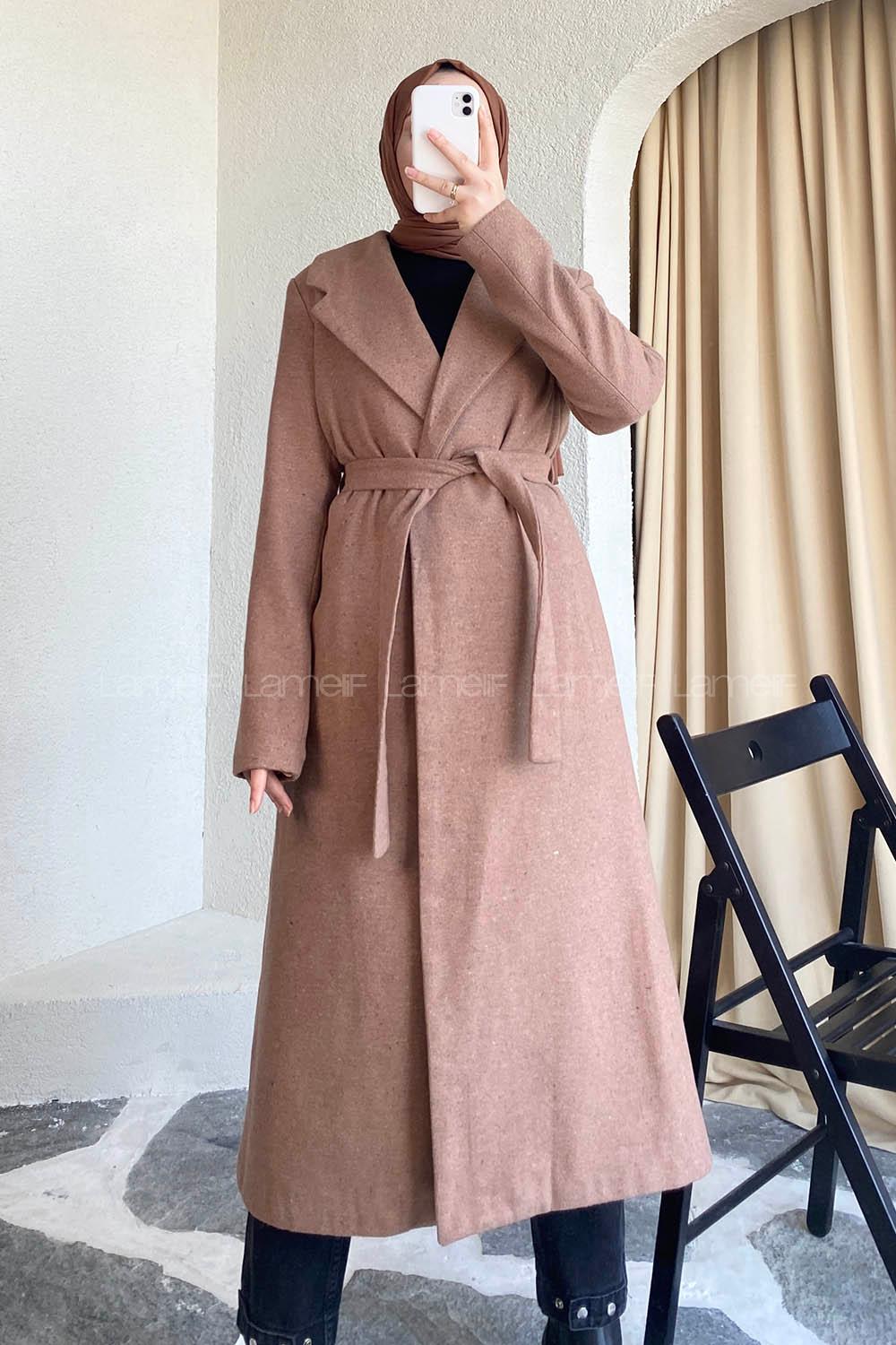 Modalamelif Kuşak Bağlamalı Kaşe Kaban Soft Pudra