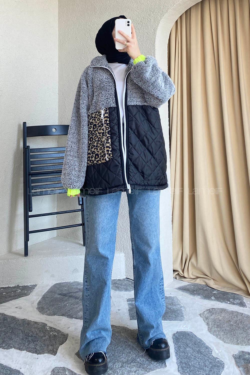 Modalamelif Leopar Cep Detaylı Kapitone Desenli Peluş Gri