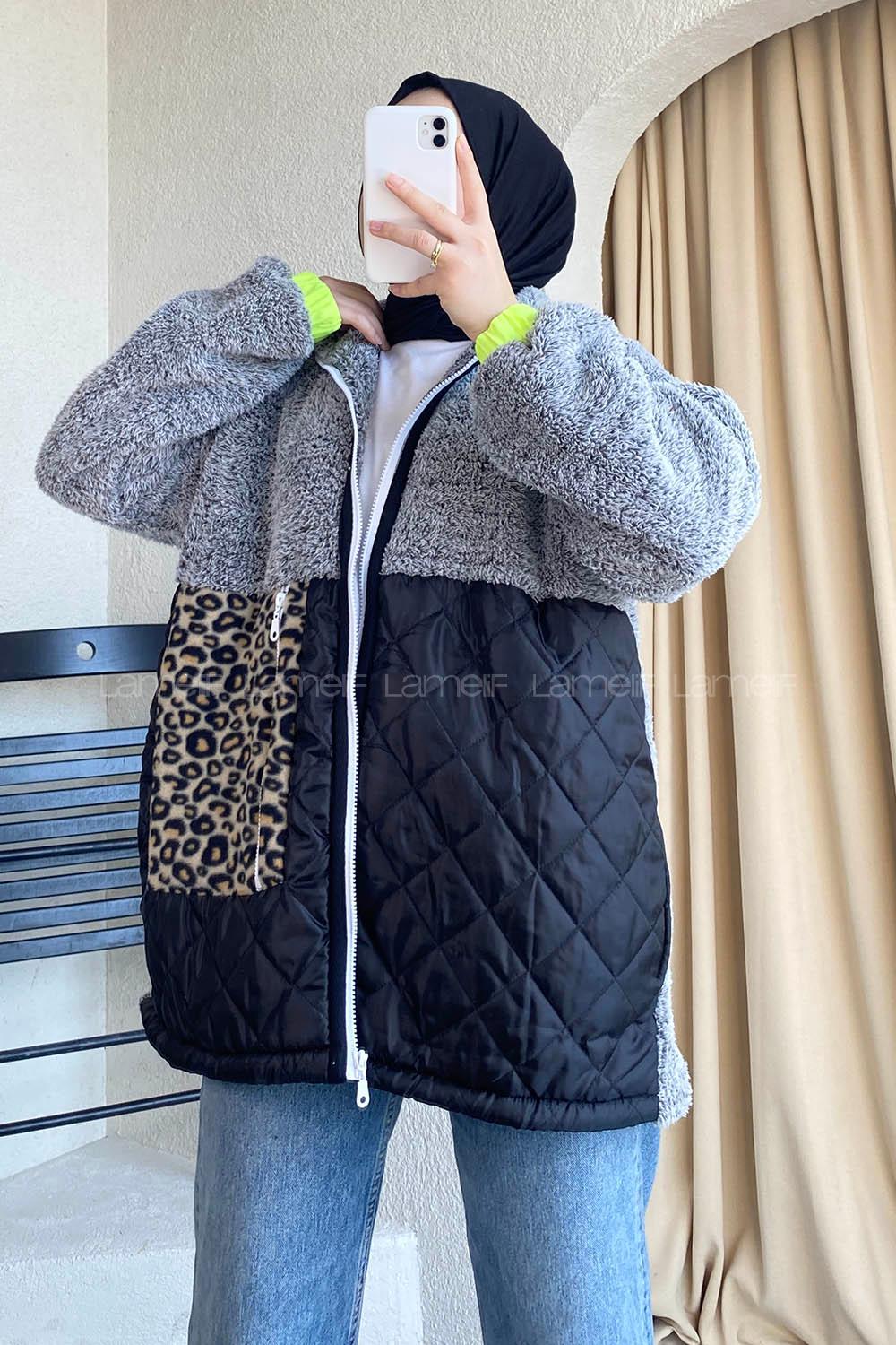 Modalamelif Leopar Cep Detaylı Kapitone Desenli Peluş Gri