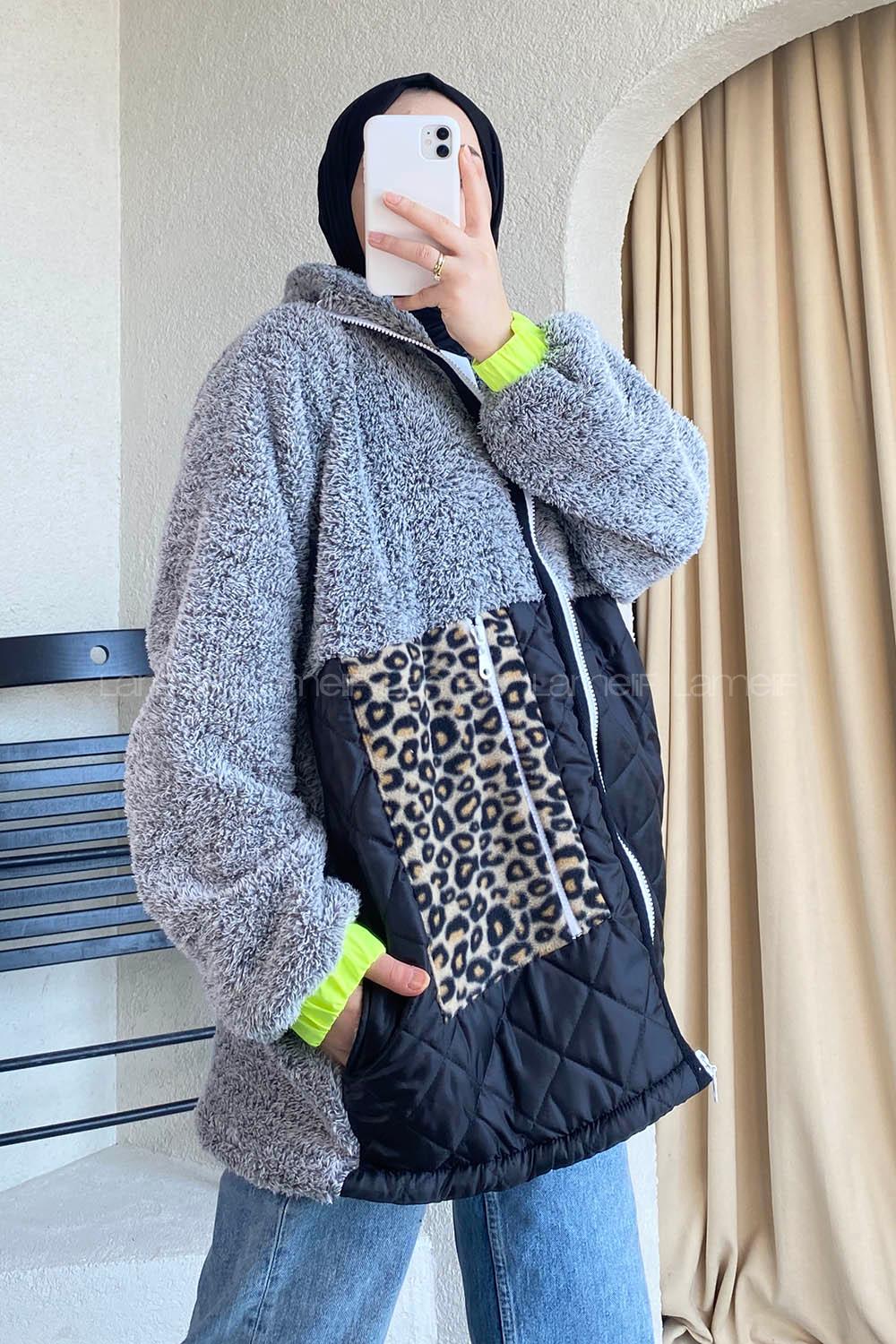 Modalamelif Leopar Cep Detaylı Kapitone Desenli Peluş Gri