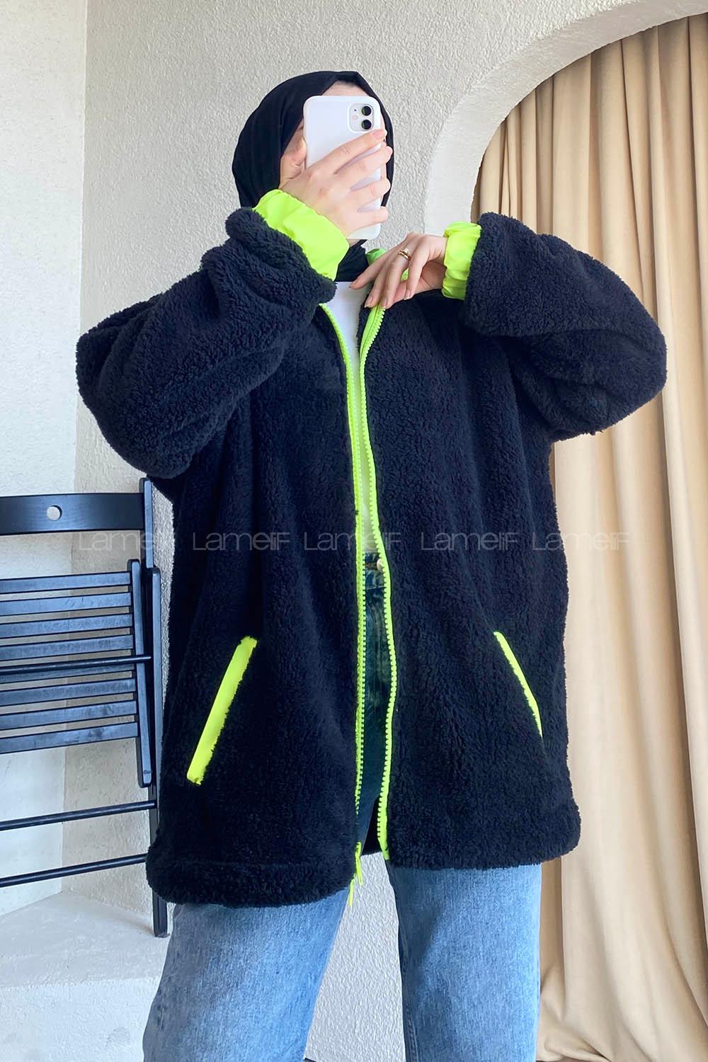 Modalamelif Neon Fermuar Detaylı Peluş Hırka Siyah