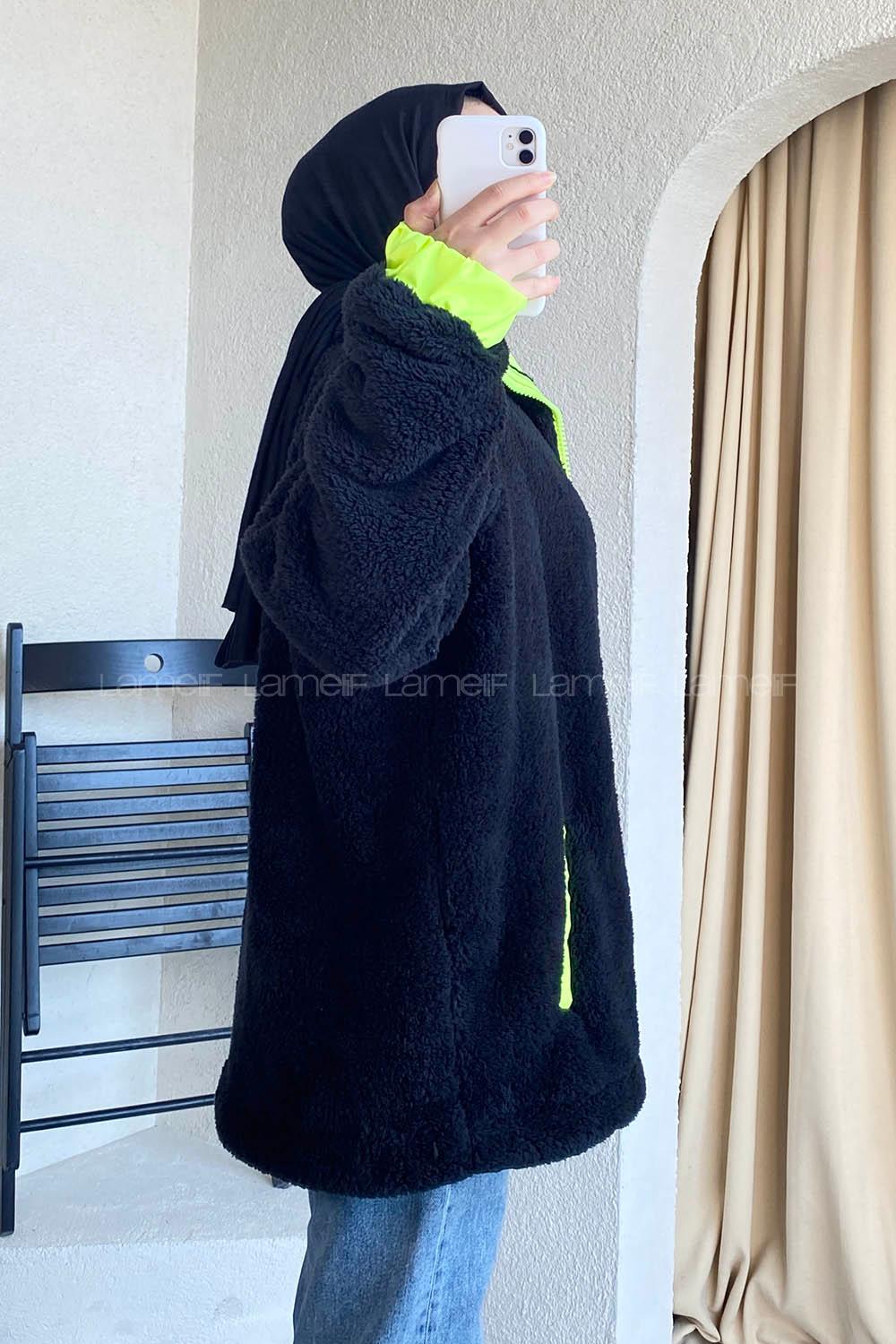 Modalamelif Neon Fermuar Detaylı Peluş Hırka Siyah