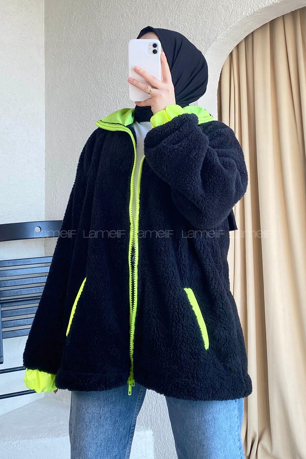 Modalamelif Neon Fermuar Detaylı Peluş Hırka Siyah