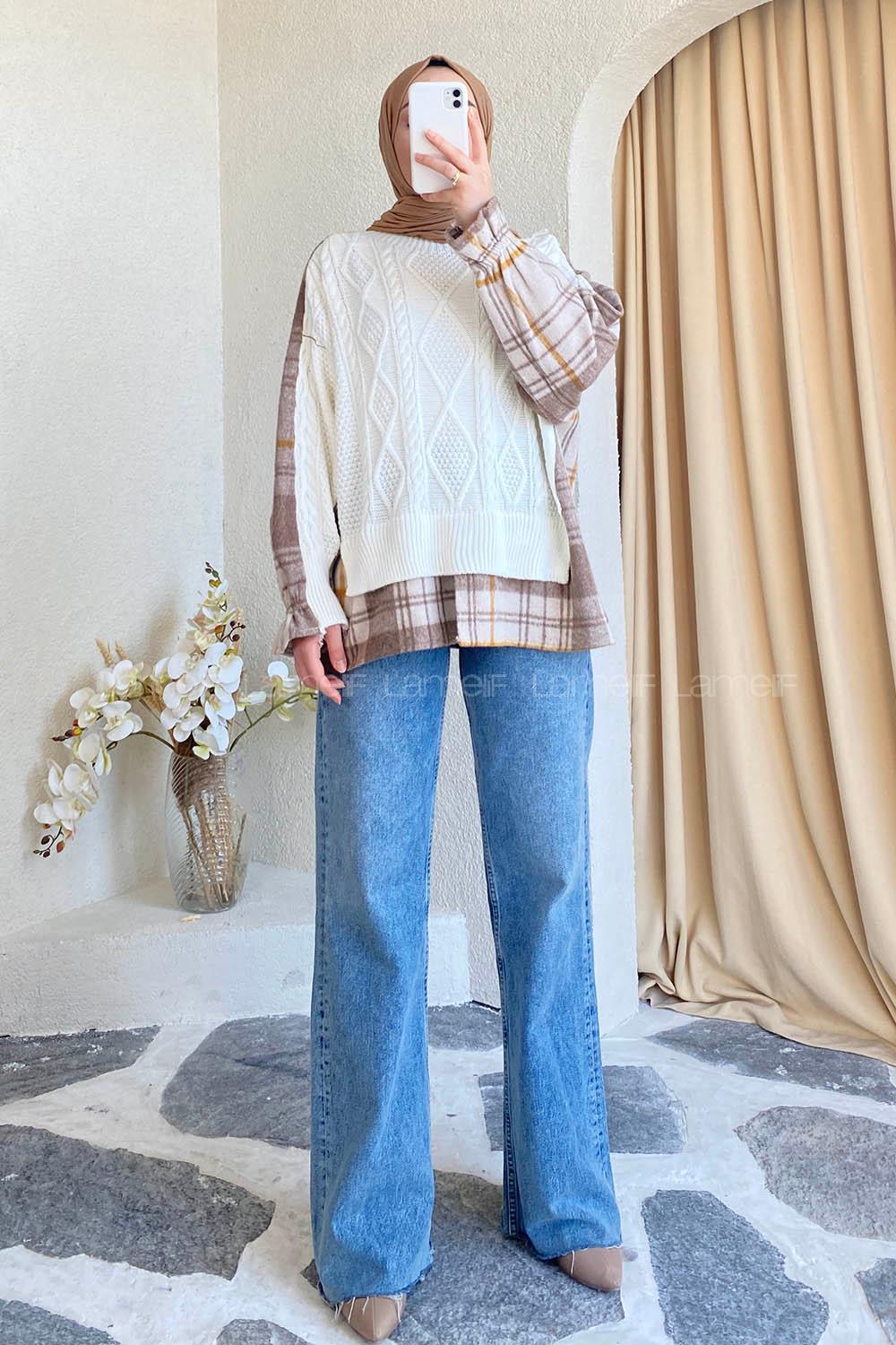 Modalamelif Oduncu Triko Garnili Kazak Beyaz-Kahve