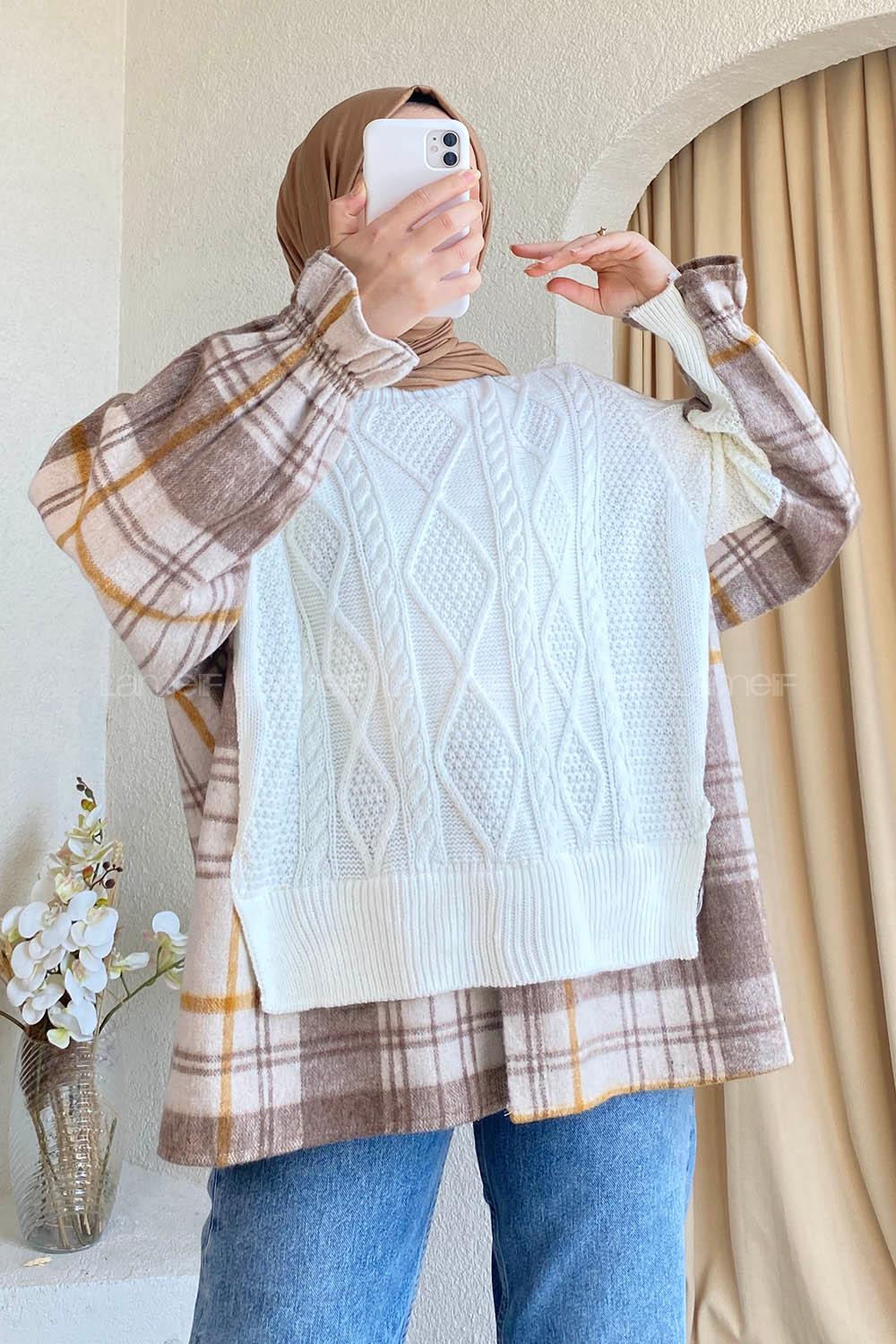 Modalamelif Oduncu Triko Garnili Kazak Beyaz-Kahve