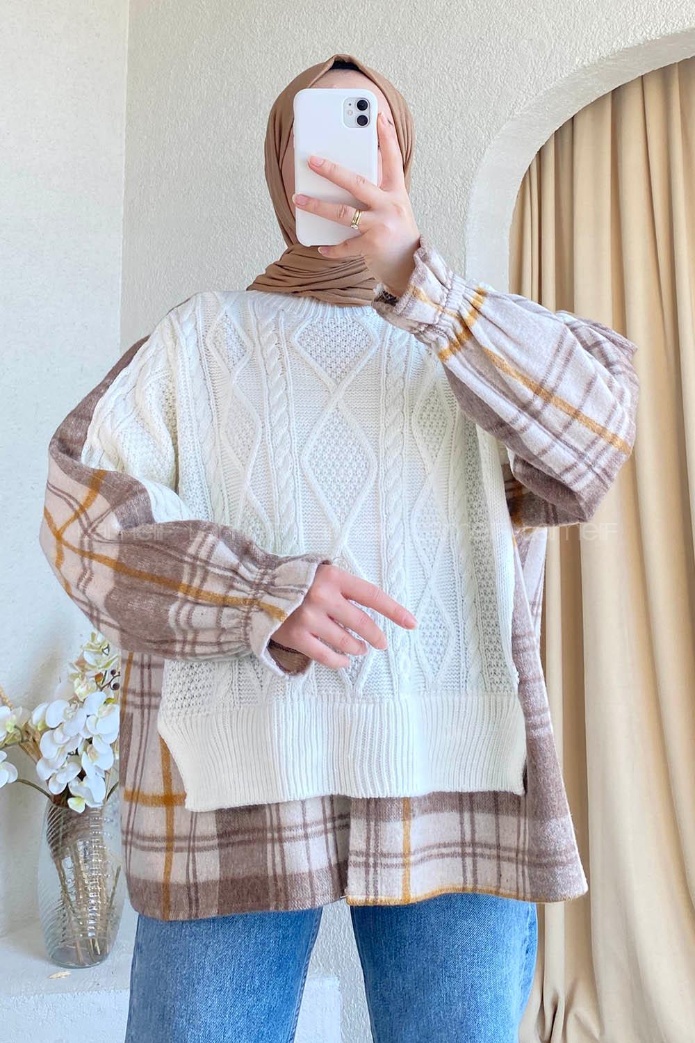 Modalamelif Oduncu Triko Garnili Kazak Beyaz-Kahve