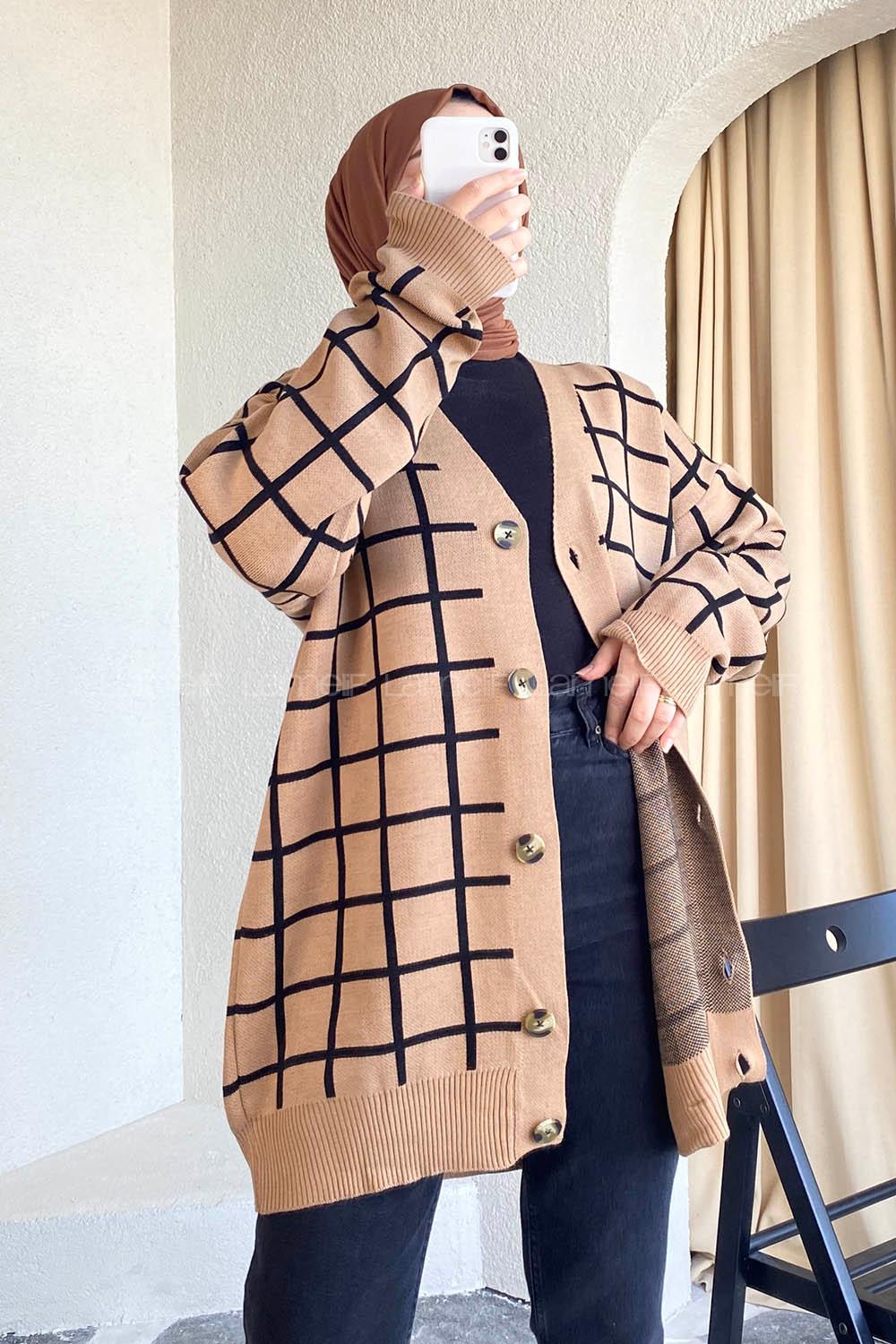 Modalamelif Önü Düğmeli Kareli Hırka Kahverengi