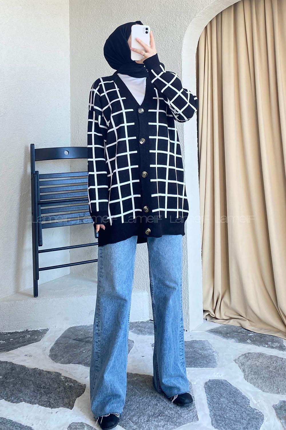 Modalamelif Önü Düğmeli Kareli Hırka Siyah