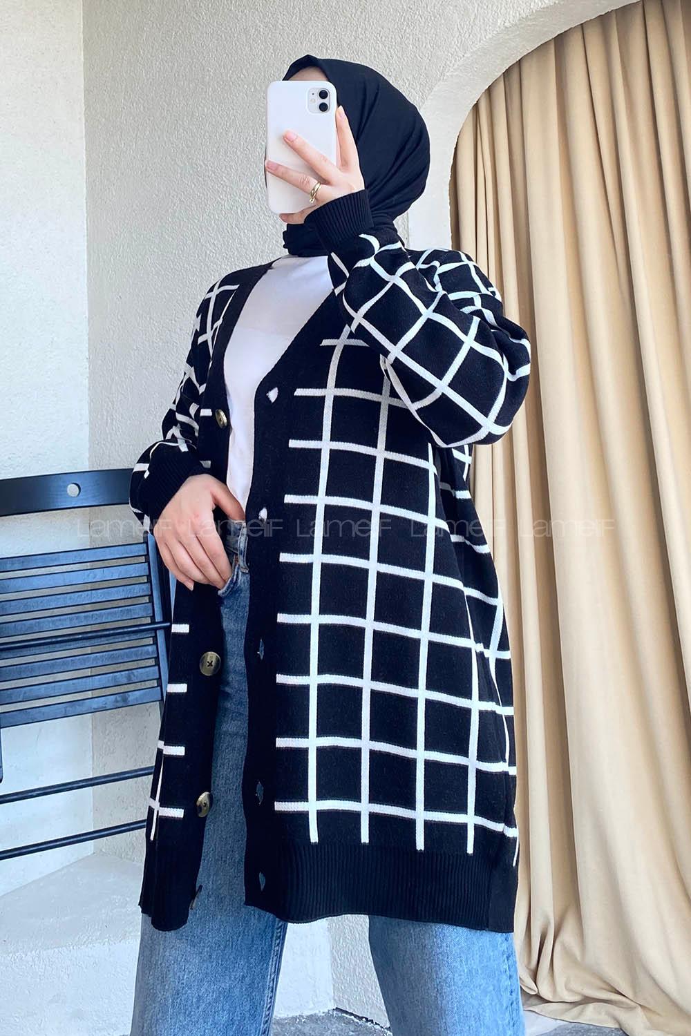 Modalamelif Önü Düğmeli Kareli Hırka Siyah