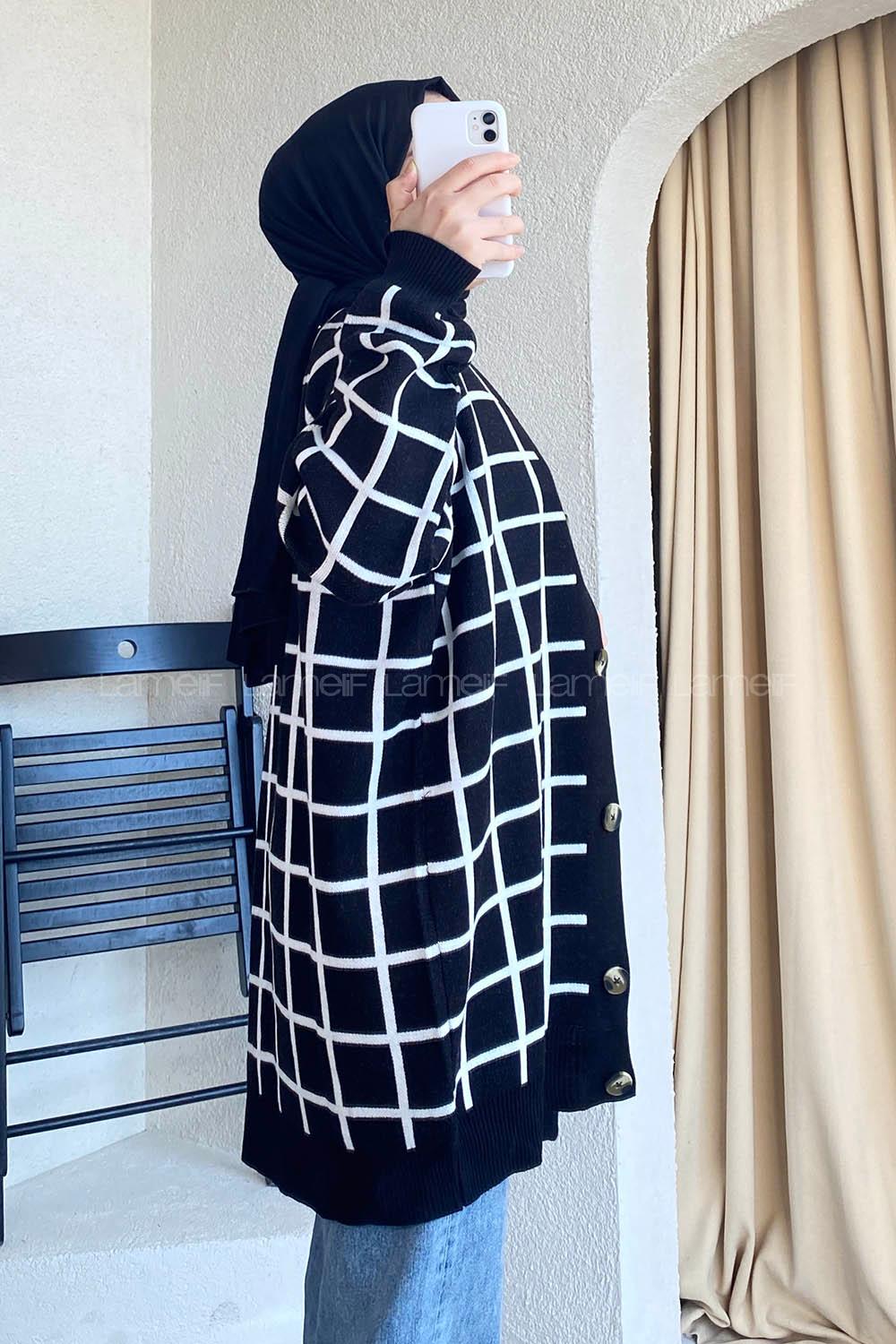 Modalamelif Önü Düğmeli Kareli Hırka Siyah