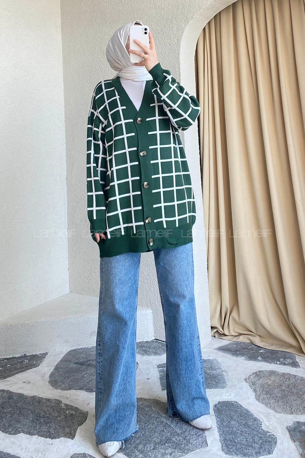 Modalamelif Önü Düğmeli Kareli Hırka Zümrüt Yeşili