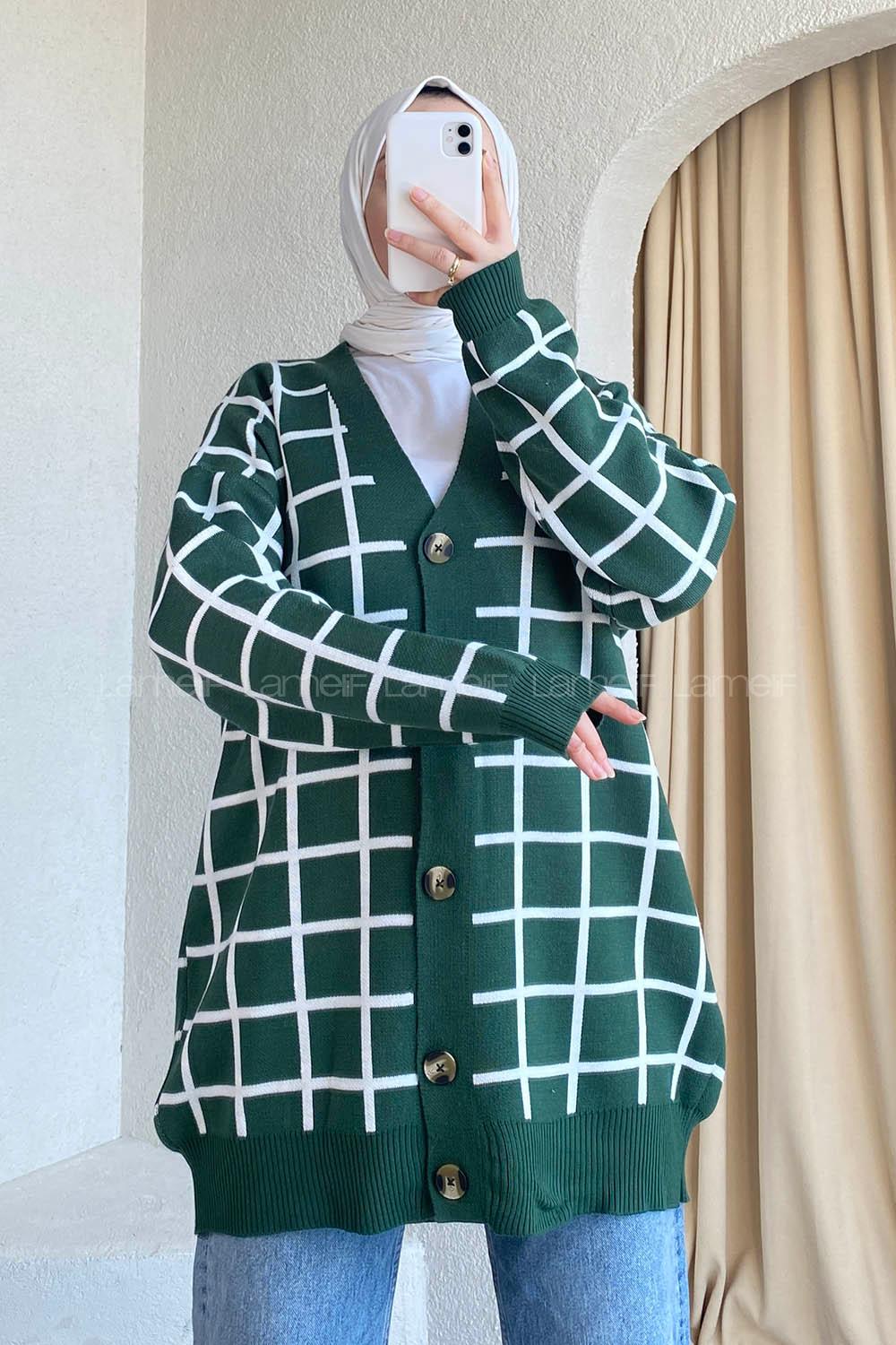 Modalamelif Önü Düğmeli Kareli Hırka Zümrüt Yeşili