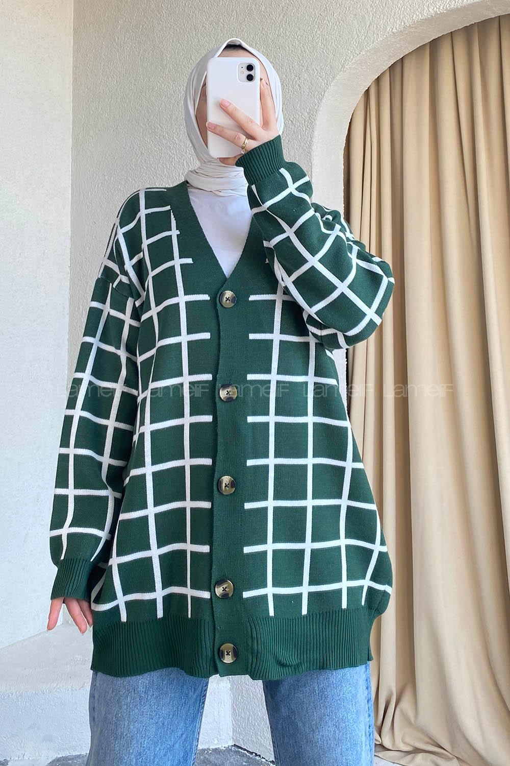 Modalamelif Önü Düğmeli Kareli Hırka Zümrüt Yeşili